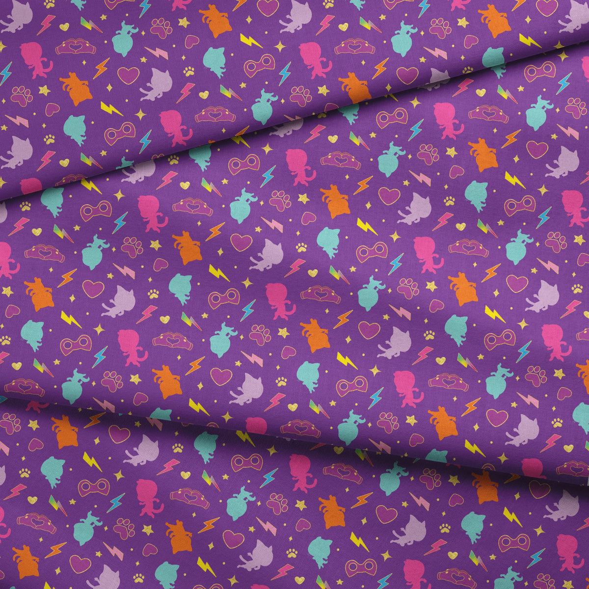 Disney Jr's. SuperKitties Pawsome Characters on Purple Fabric