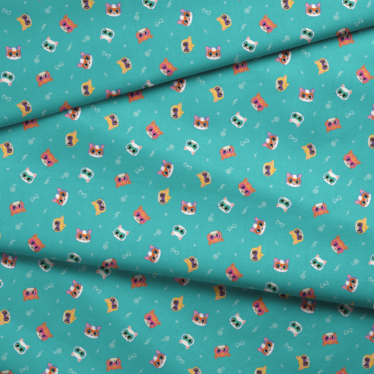 Disney Jr's. SuperKitties Friends Furever on Teal Fabric