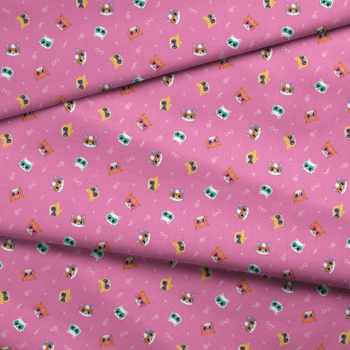 Disney Jr's. SuperKitties Friends Furever on Pink Fabric