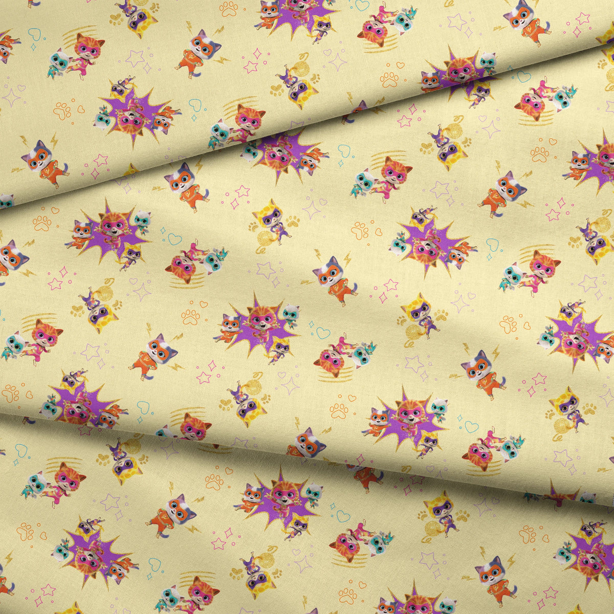 Disney Jr's. SuperKitties Fierce Fighters on Yellow Fabric