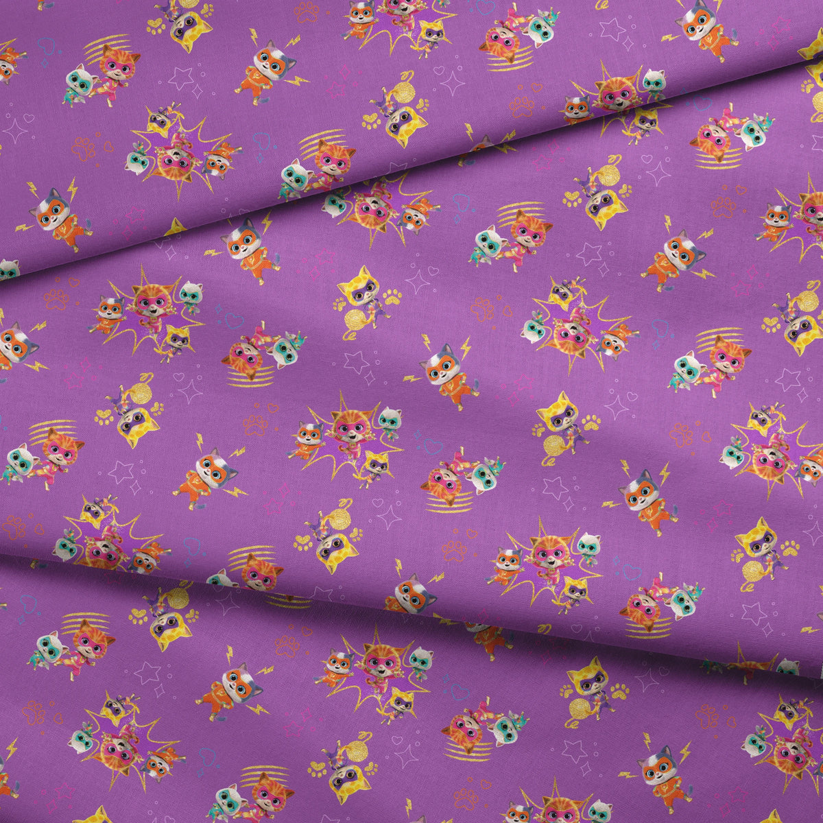 Disney Jr's. SuperKitties Fierce Fighters on Purple Fabric