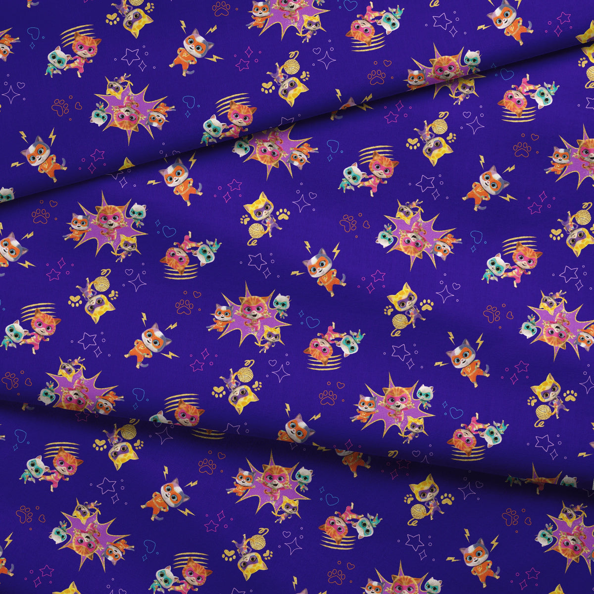 Disney Jr's. SuperKitties Fierce Fighters on Blue Fabric