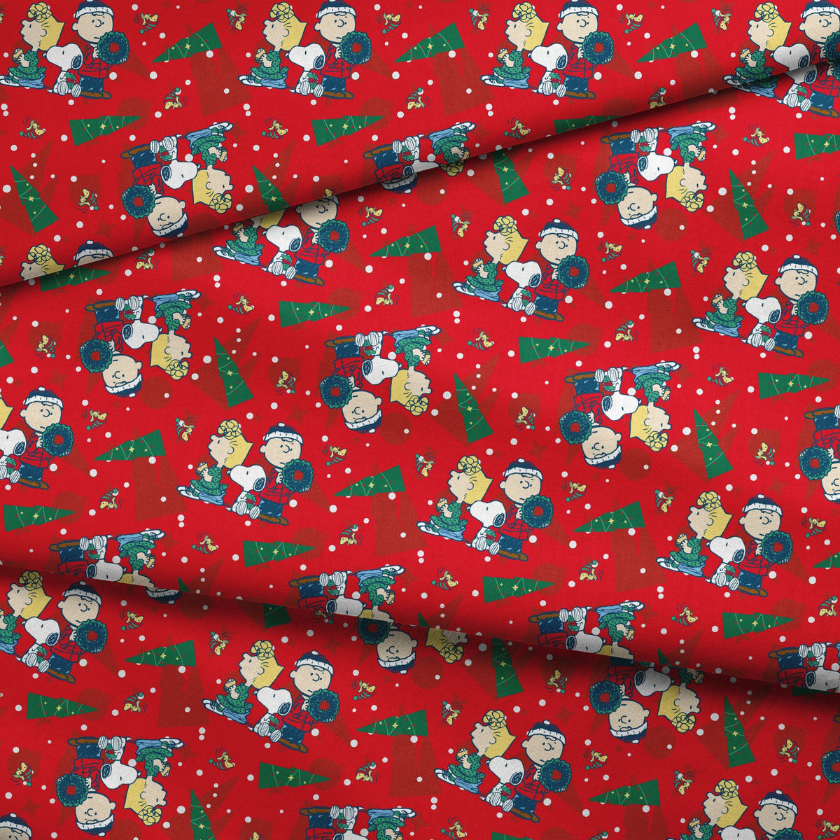 Peanuts Brown Family Christmas on Red Fabric