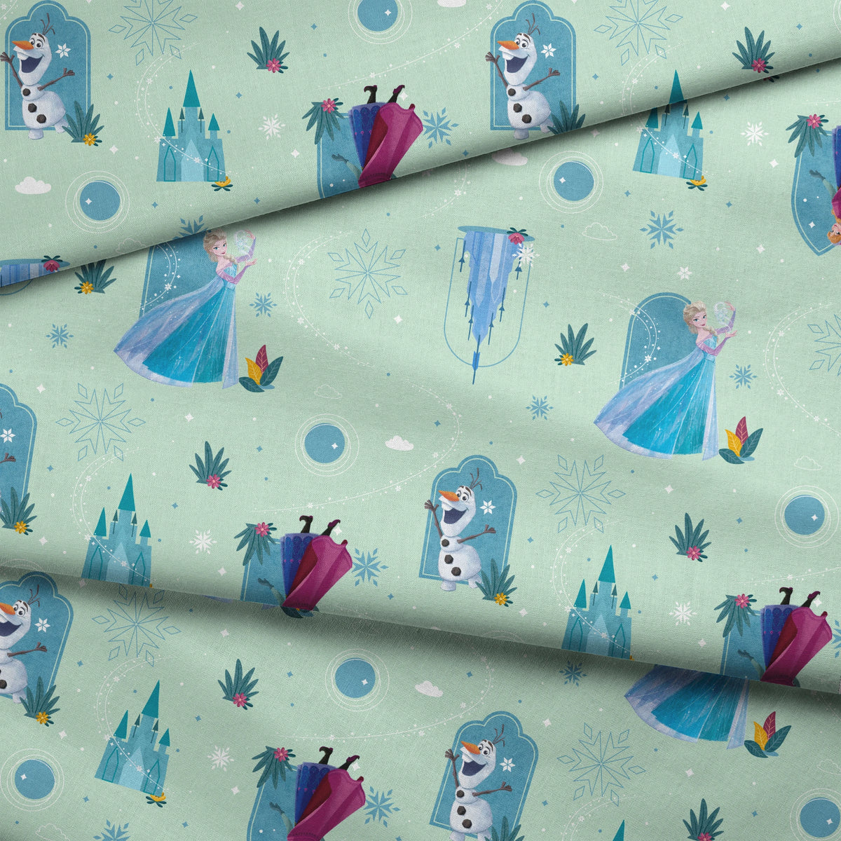 Disney Frozen Falling Snow on Green Fabric