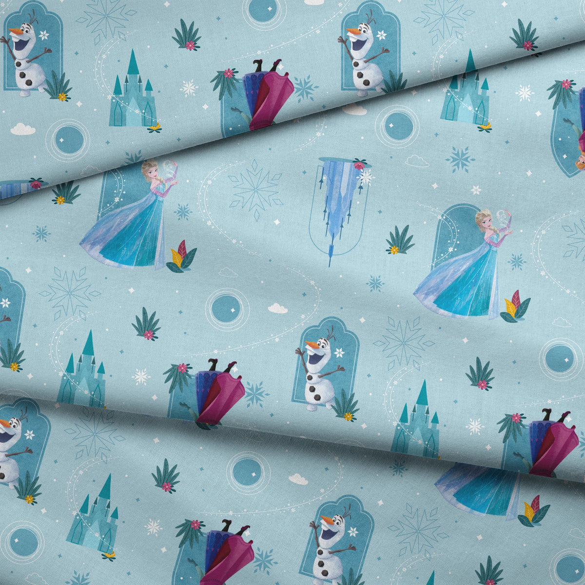 Disney Frozen Falling Snow on Blue Fabric
