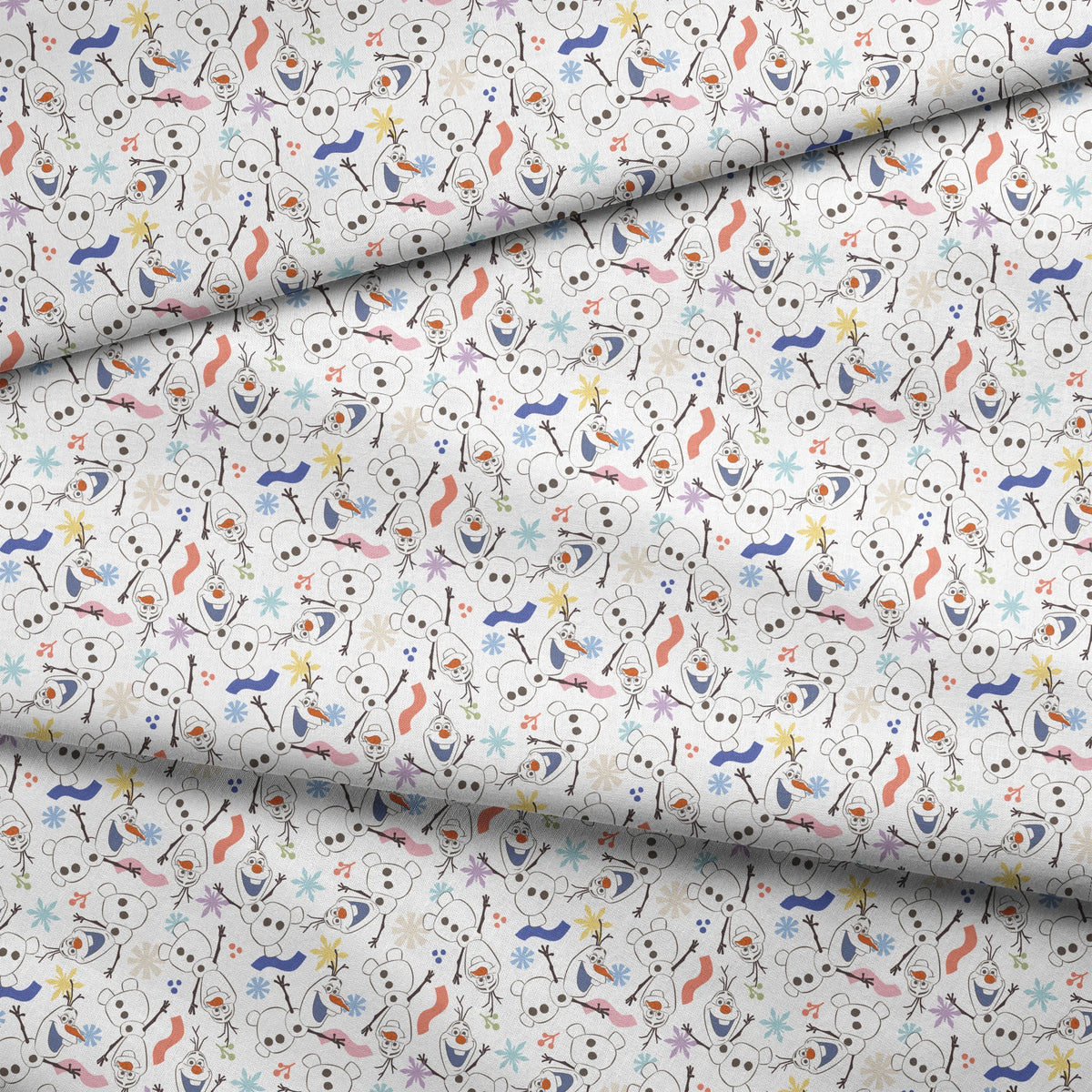 Disney Frozen  Colorful Olaf Toss on White Fabric