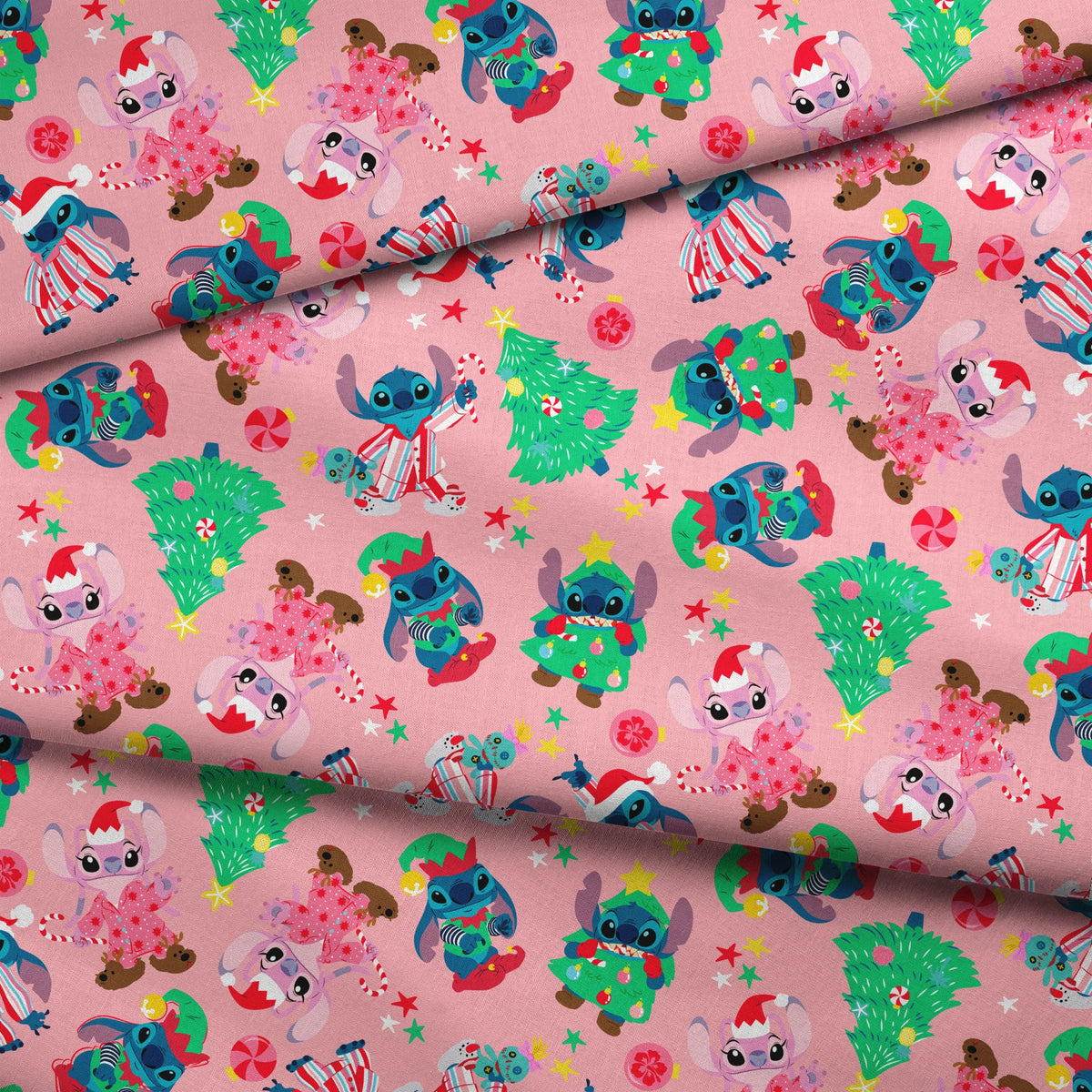 Disney's Stitch in Christmas outfits with trees and decorations on pink background