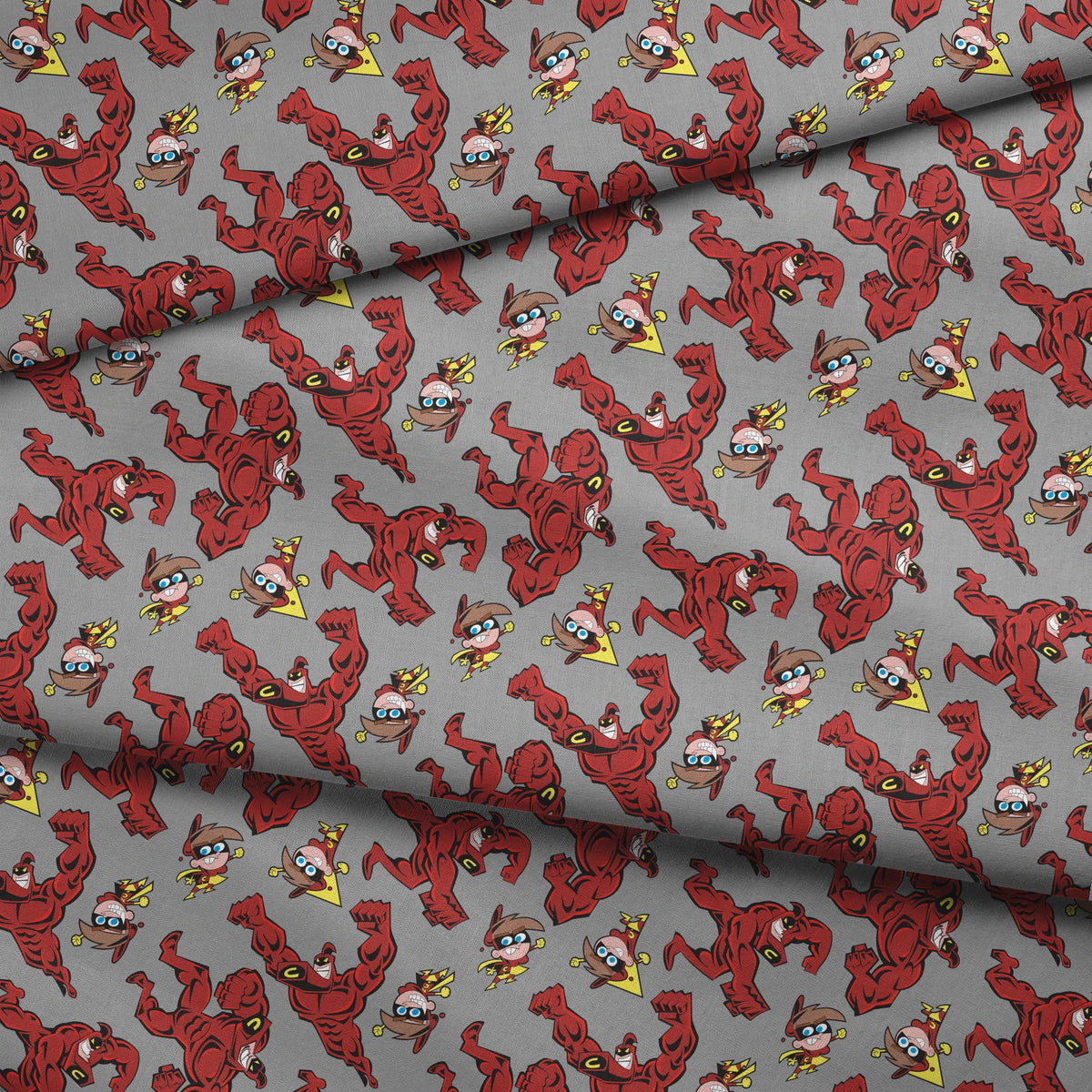 Paramount Fairly OddParents Crimson Chin and Cleft Toss on Gray Fabric