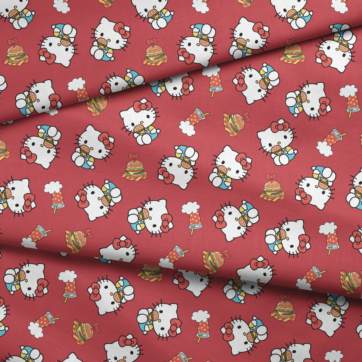 Hello Kitty® Burgers on Red Fabric