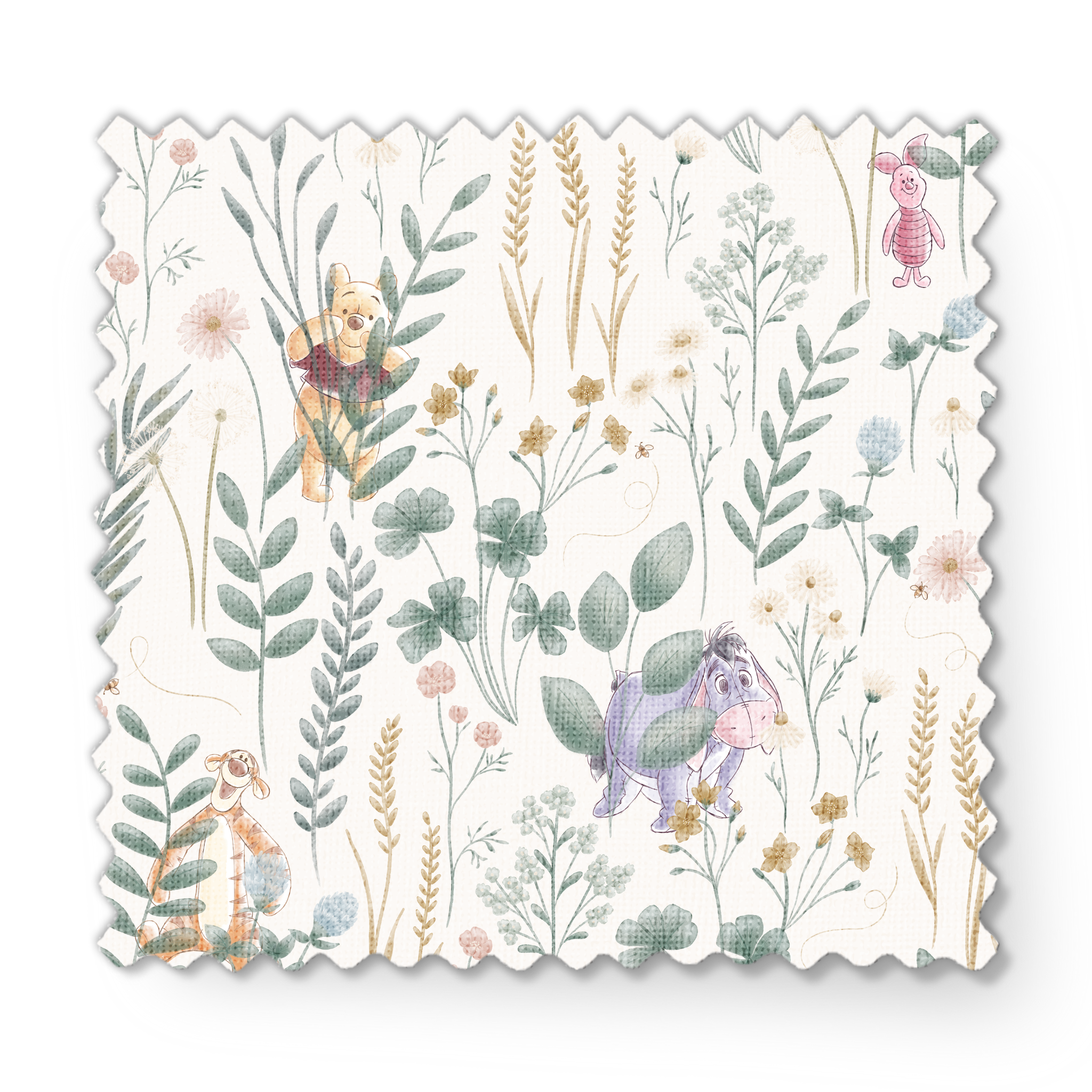 Whimsical botanical pattern with colorful teddy bears and creatures among green plants and flowers fabric swatch mockup