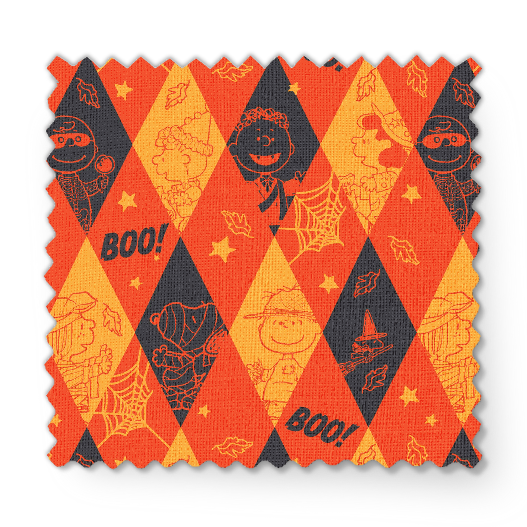 Peanuts Halloween pattern with diamond shapes in orange, yellow, and black featuring Peanuts characters in costumes, webs, "BOO!" text, and seasonal decorations fabric swatch mockup