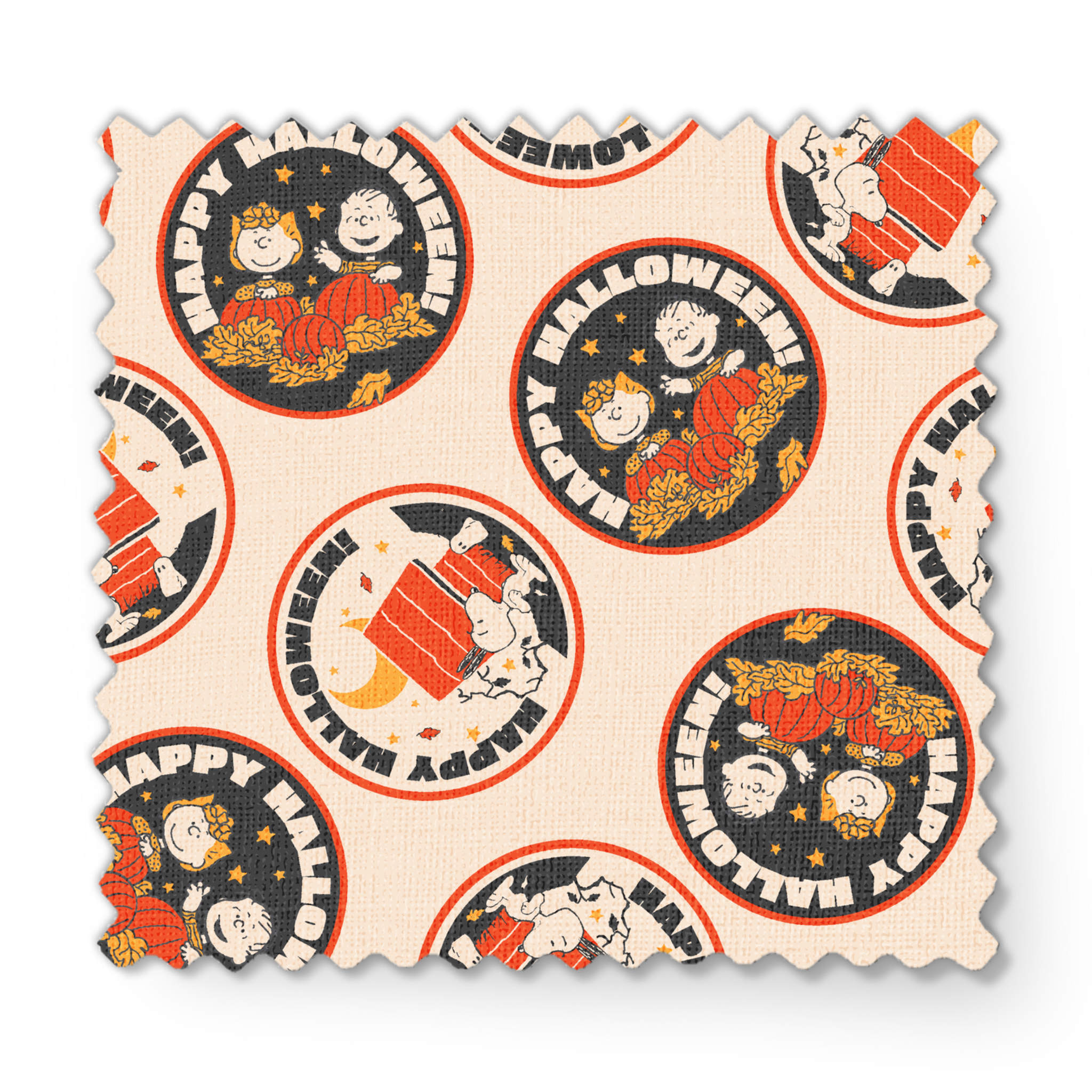 Peanuts Halloween pattern with circular badges featuring characters and "Happy Halloween" text on beige background fabric swatch mockup