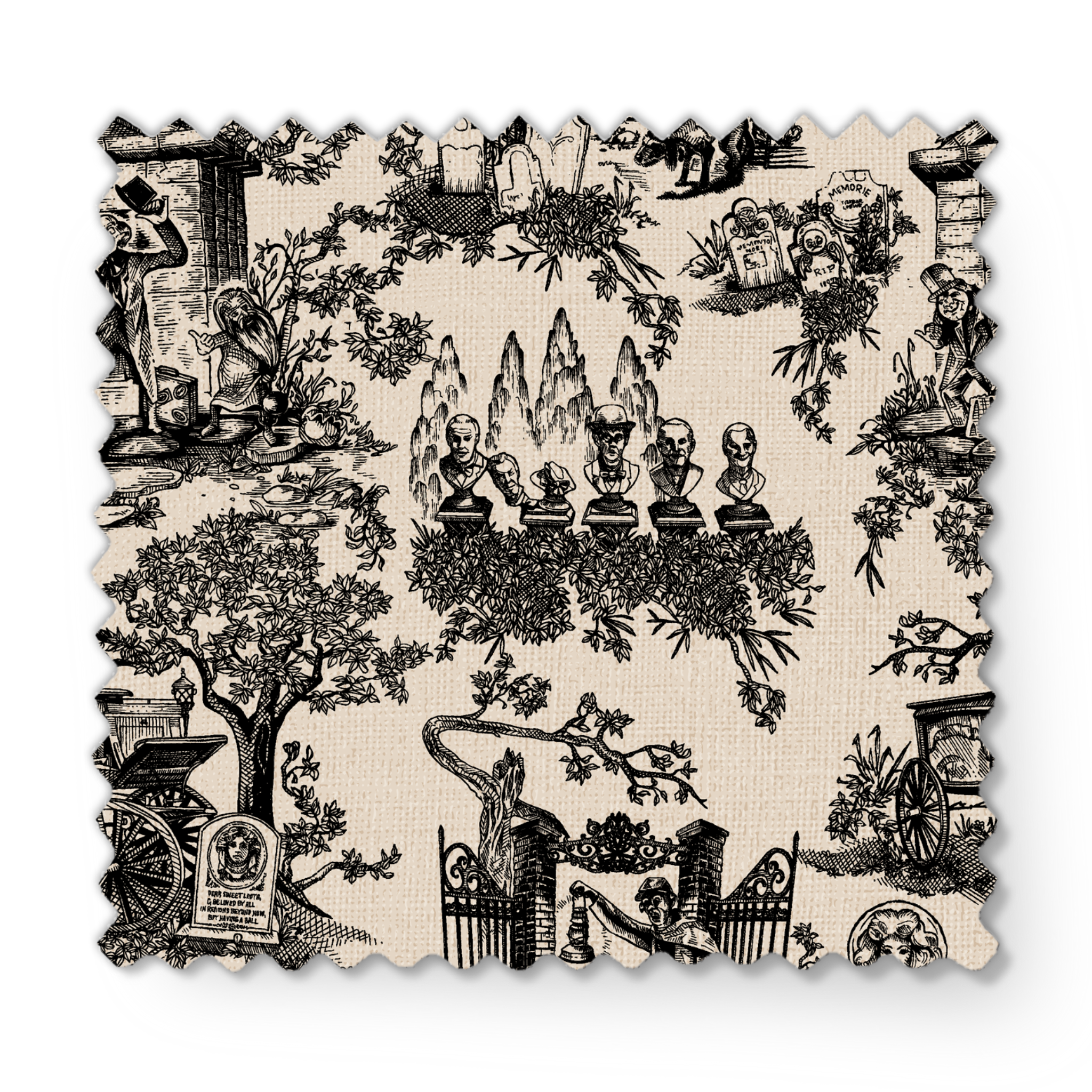 Black and white toile pattern with garden scenes, architectural elements, and decorative figures in a classical style fabric swatch mockup