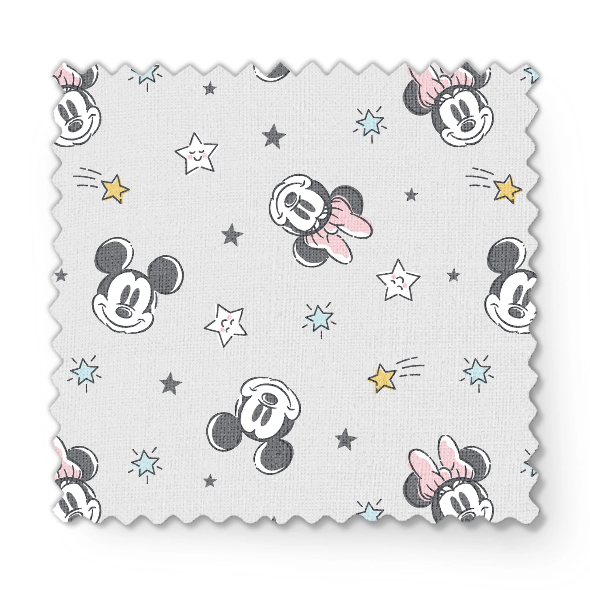 Mickey and Minnie Mouse pattern with stars on light gray background fabric swatch mockup