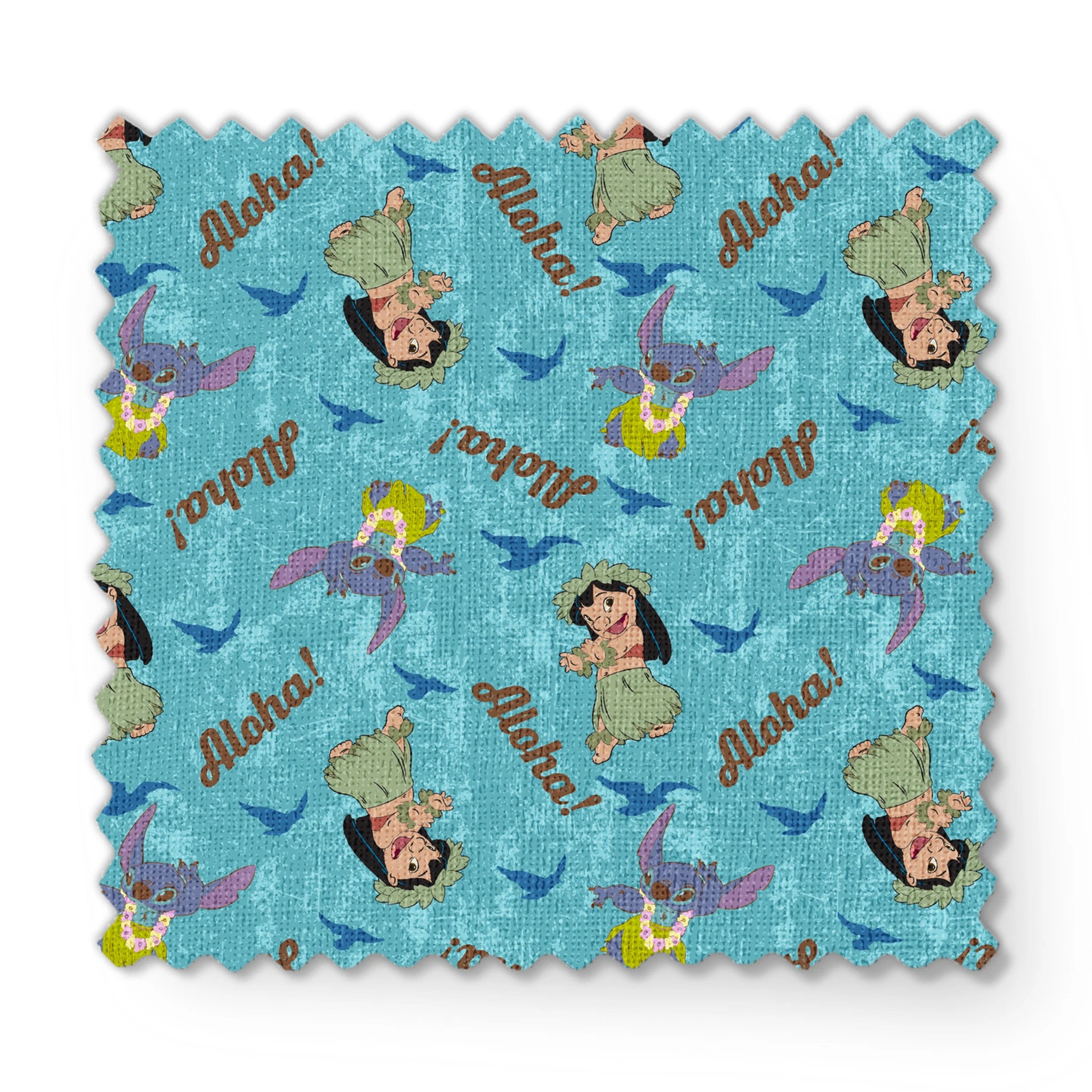 Lilo and Stitch pattern on turquoise background with "Aloha!" text and blue silhouettes fabric swatch mockup
