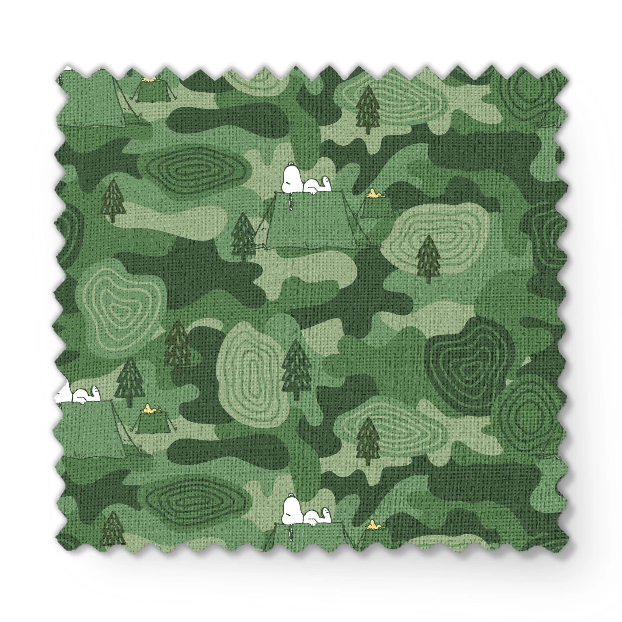 Snoopy camping scene with tents and trees on a green camouflage pattern background fabric swatch mockup