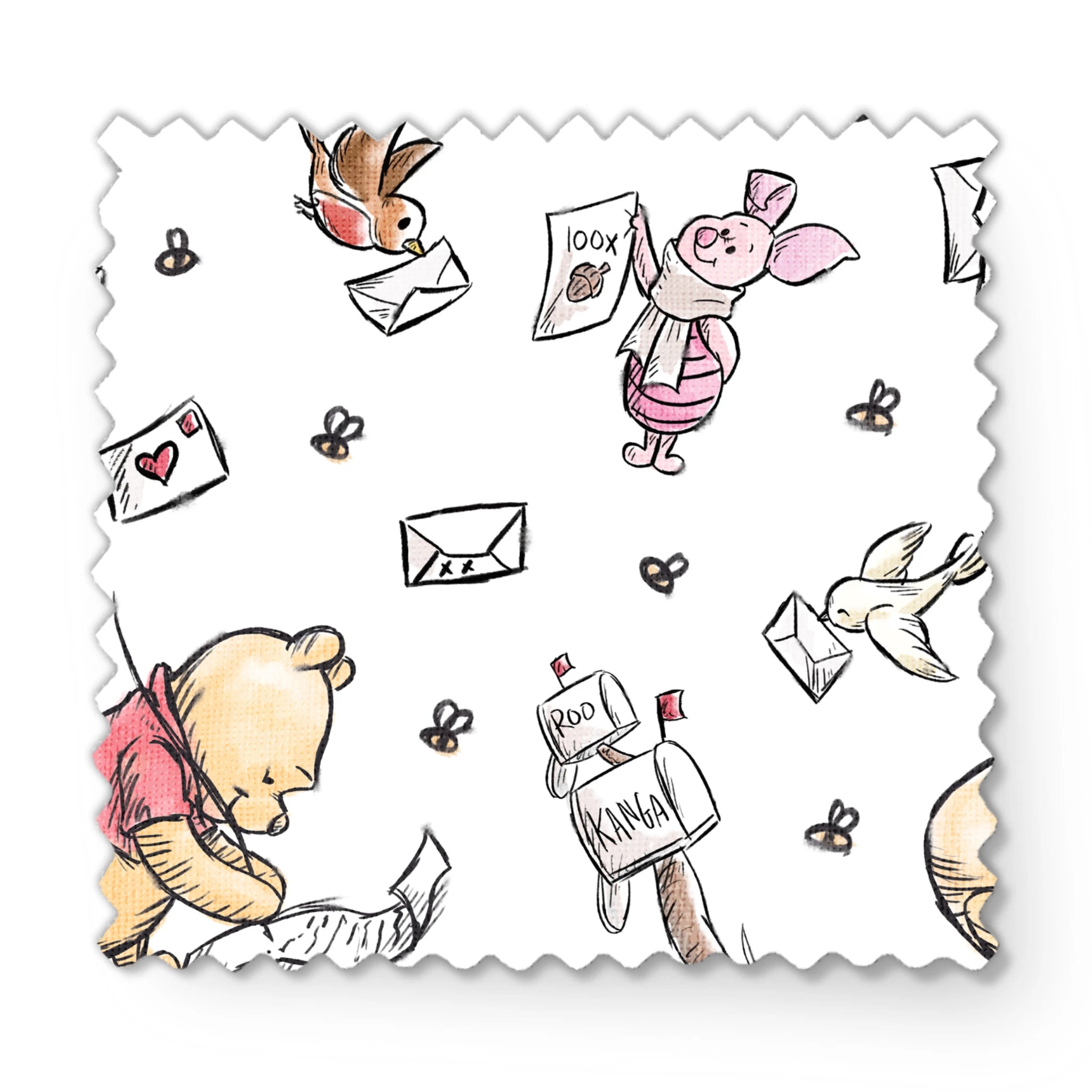 Winnie the Pooh characters with flying letters and envelopes on white background, whimsical illustration style fabric swatch mockup