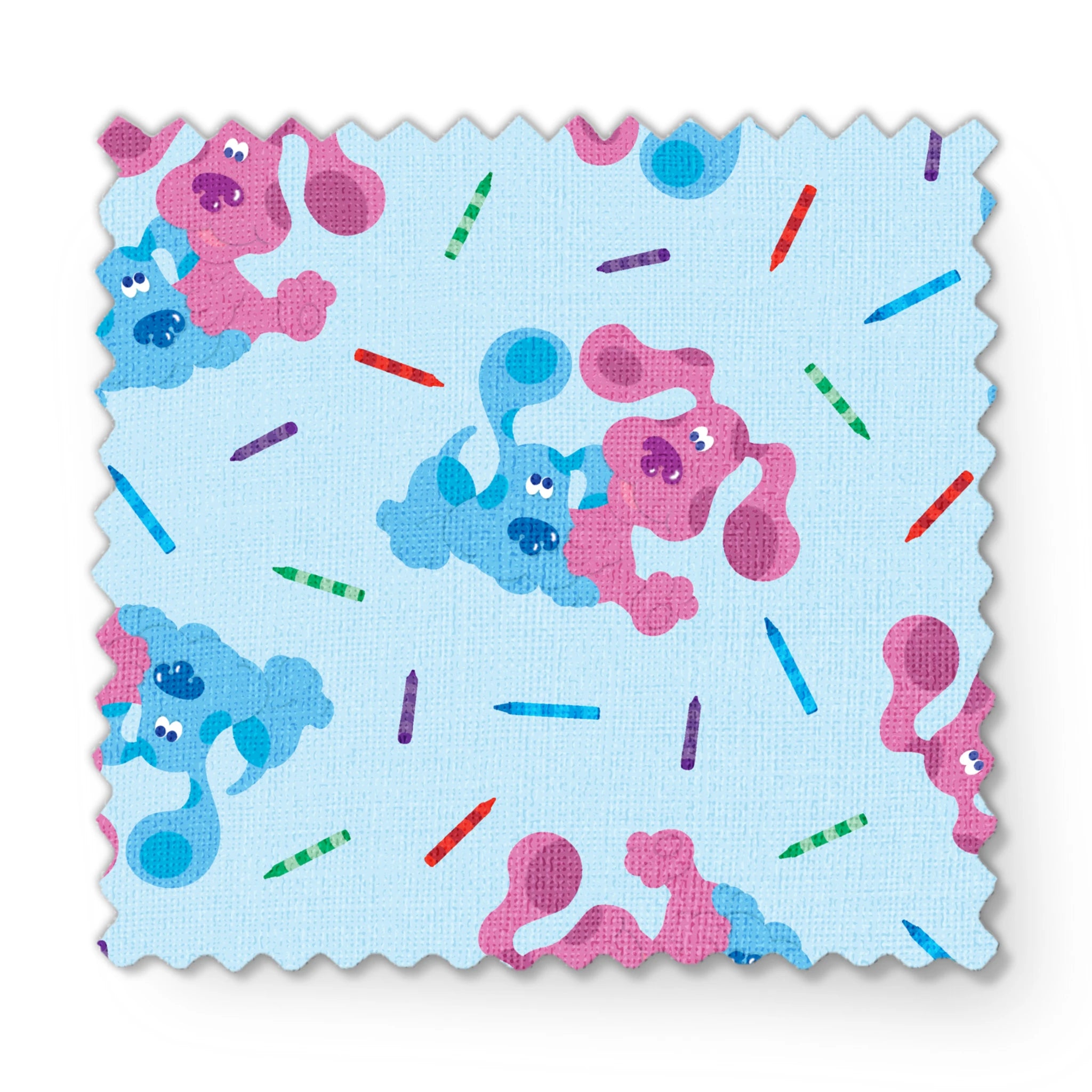 Playful pattern of cartoon blue and pink dogs with colorful stick accents on light blue background fabric swatch mockup