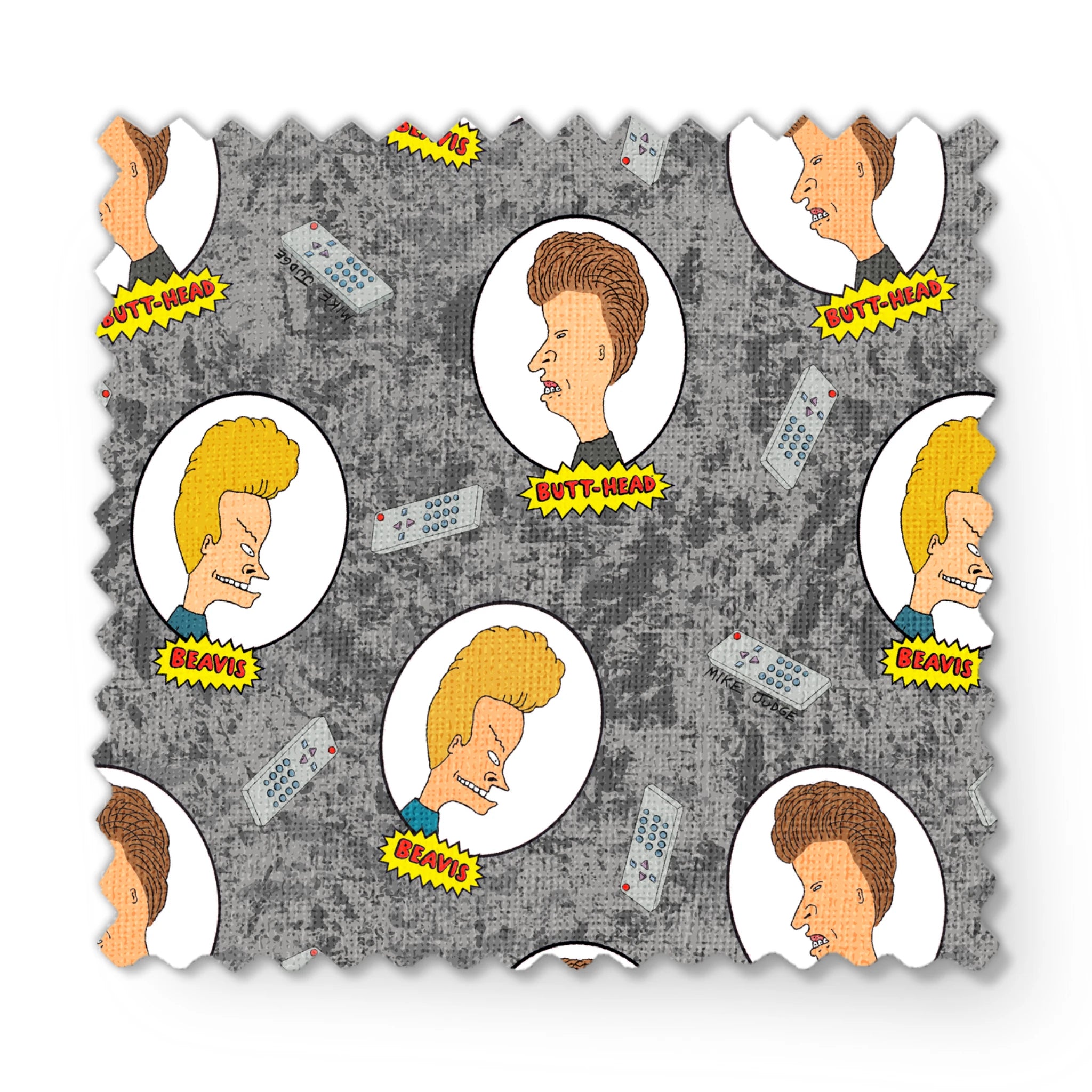 Cartoon pattern with blond and brown-haired animated characters in circular frames against a gray background with comic-style text bubbles. fabric swatch mockup