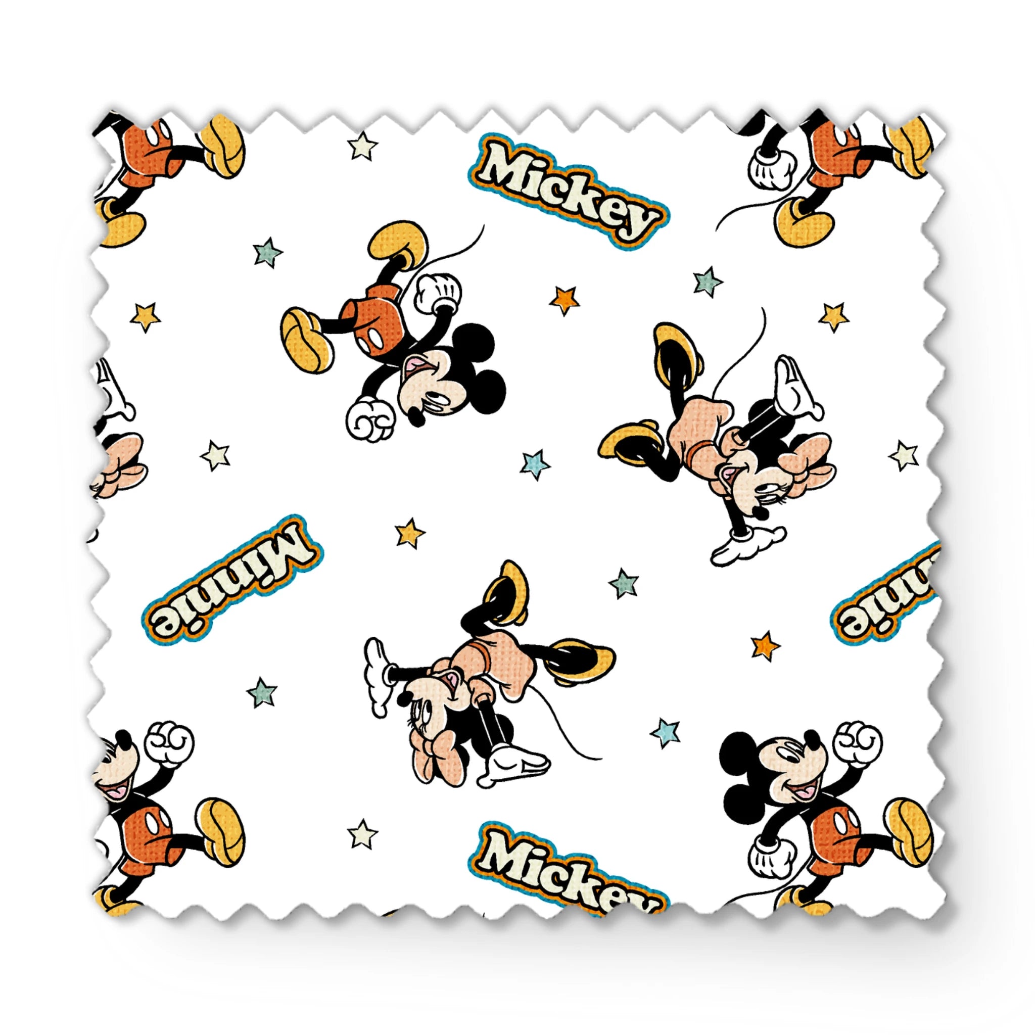 Pattern of cartoon Disney characters including Mickey Mouse and Minnie with yellow stars on white background fabric swatch mockup