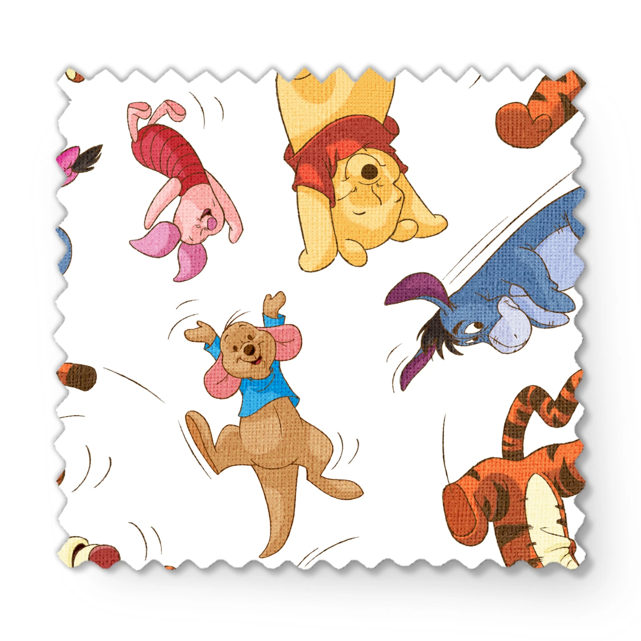 Colorful pattern featuring Winnie the Pooh characters jumping and bouncing on white background fabric swatch mockup