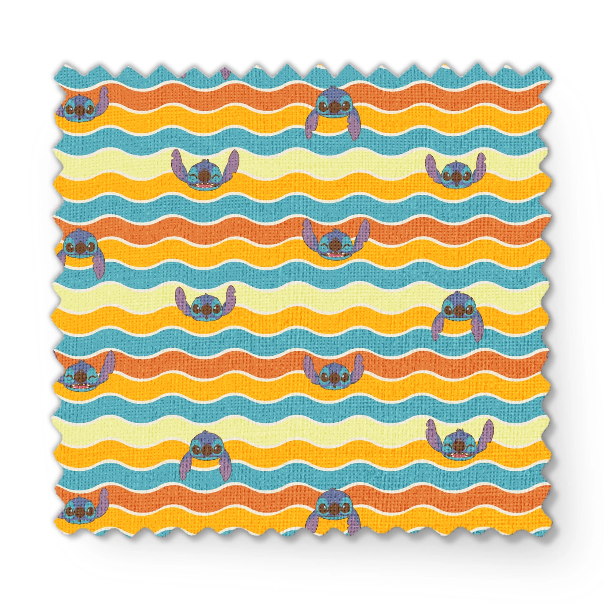 Colorful wavy striped pattern with Stitch peeking between orange, yellow, and teal waves fabric swatch mockup