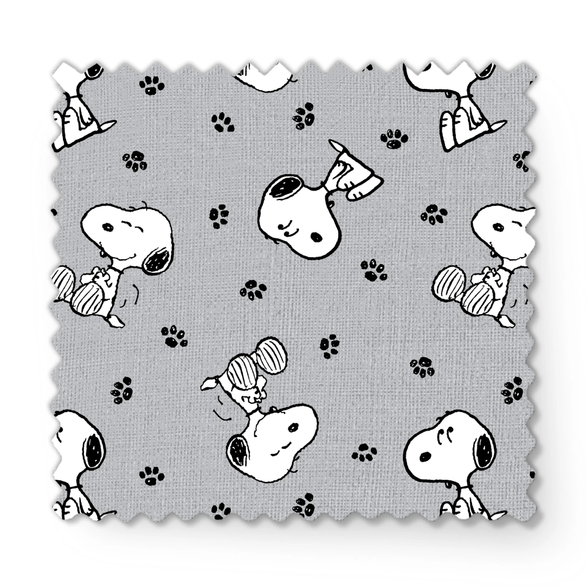 Snoopy with black ears on gray background with paw prints, in various poses fabric swatch mockup