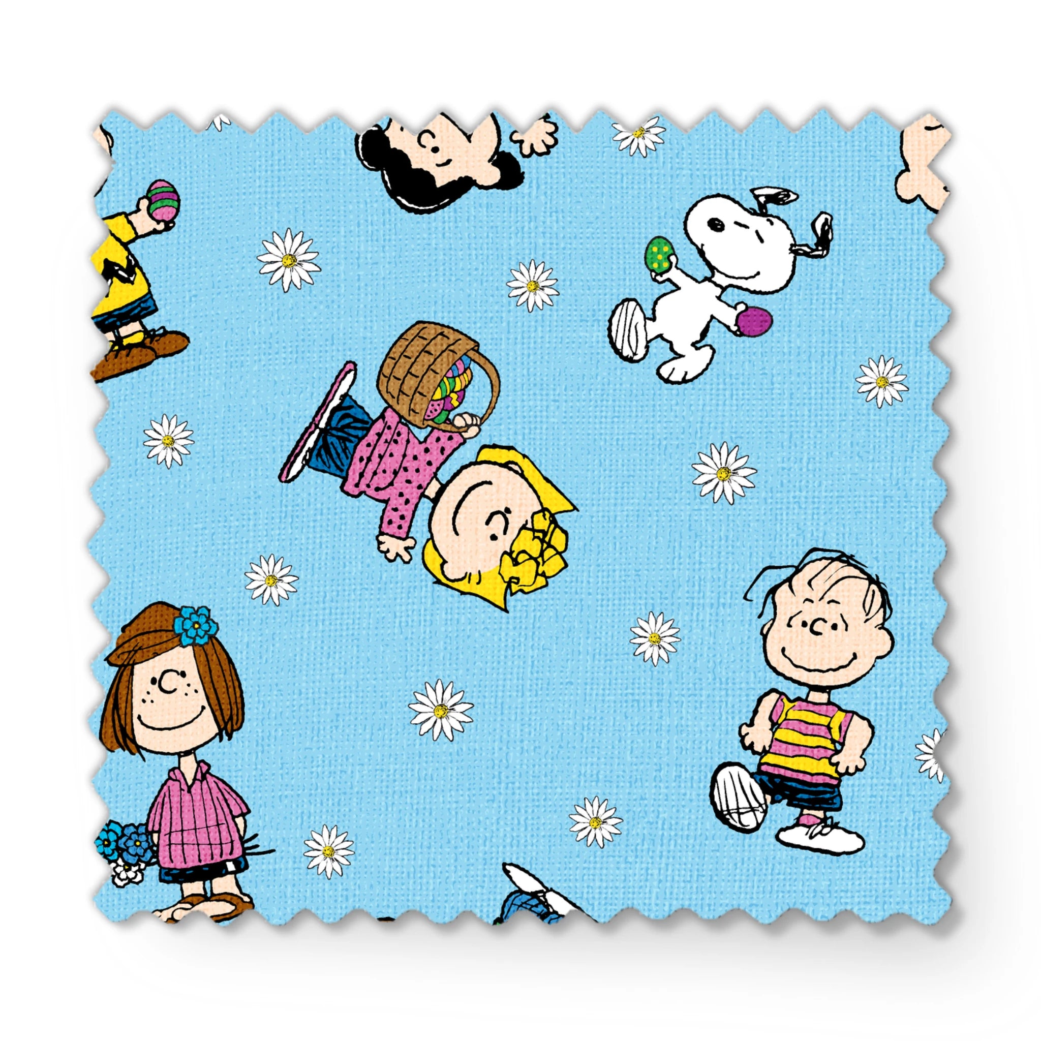 Peanuts cartoon characters scattered on light blue background with white daisies pattern fabric swatch mockup