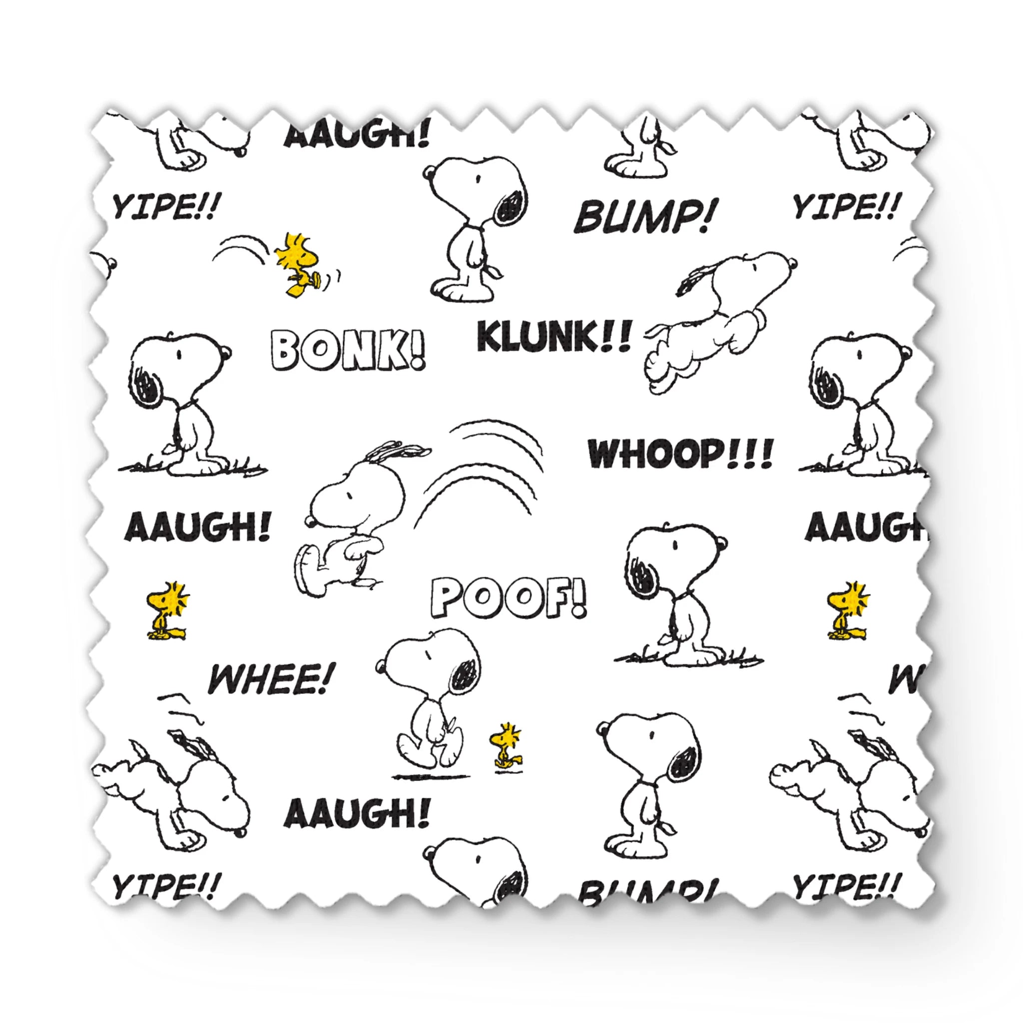 Comic-style pattern of Snoopy and Woodstock with sound effect words like "BONK!", "KLUNK!" and "BUMP!" in black and white. fabric swatch mockup