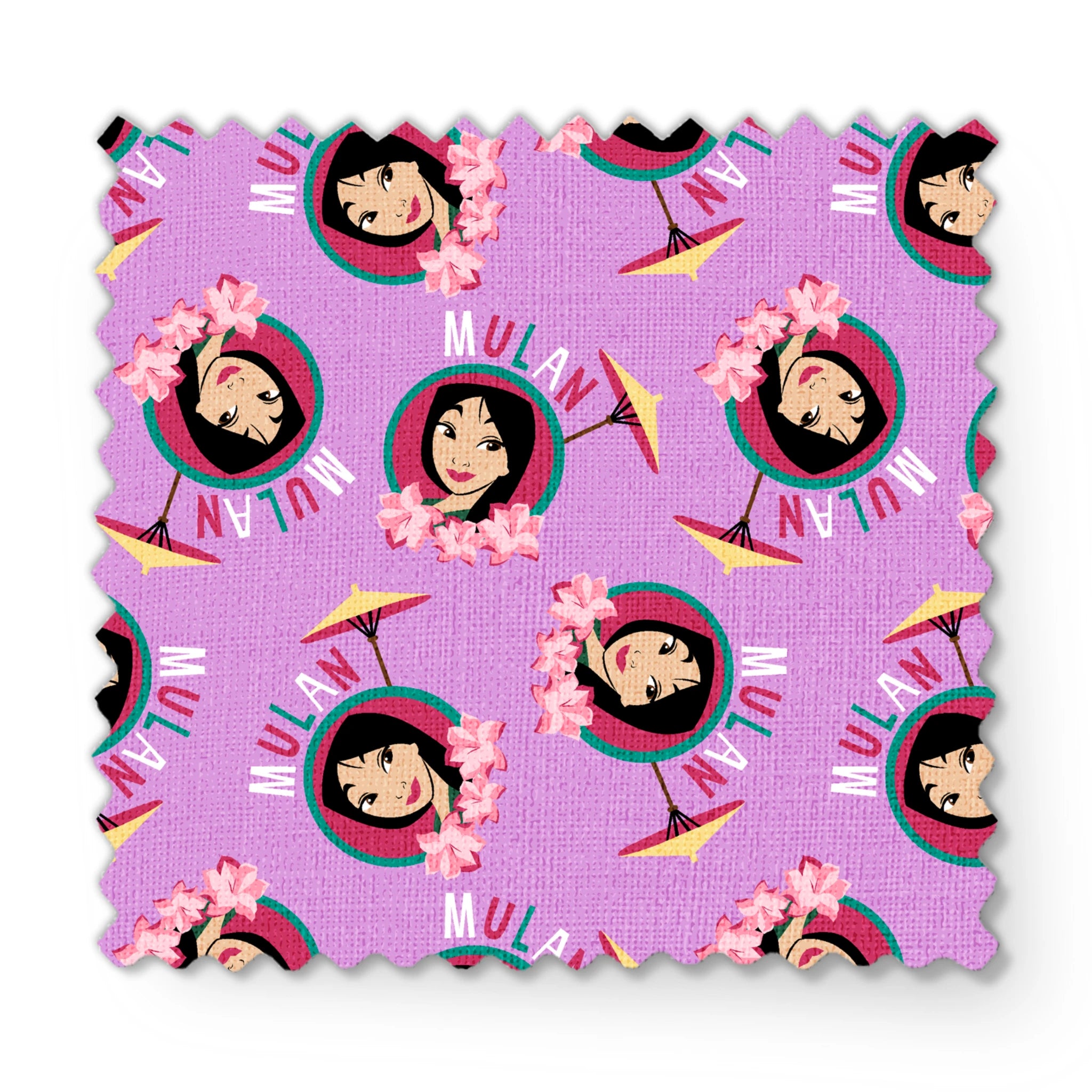 Animated character portrait pattern on purple background with pink flowers and yellow parasols fabric swatch mockup