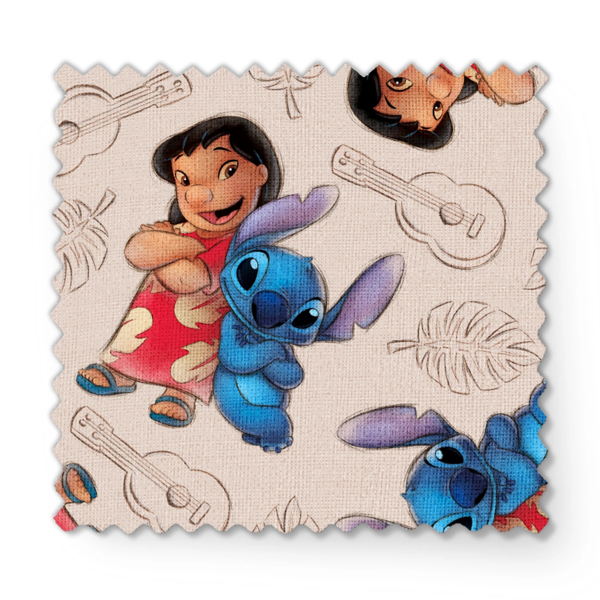 Lilo and Stitch fabric with leaf and guitar pattern background fabric swatch mockup