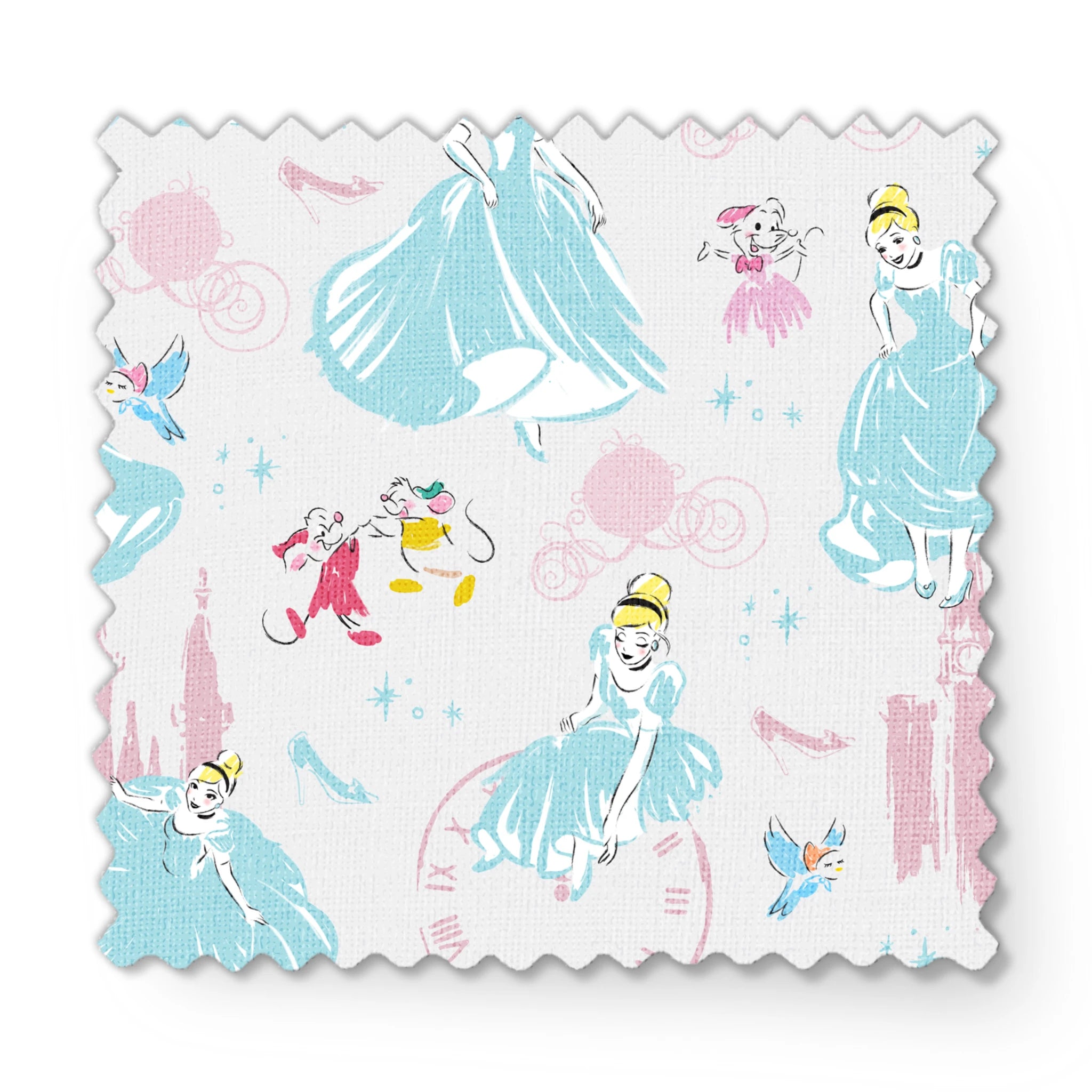 Dreamy Cinderella pattern with blue gowns, castle silhouettes, glass slippers, and blue birds on pale background fabric swatch mockup