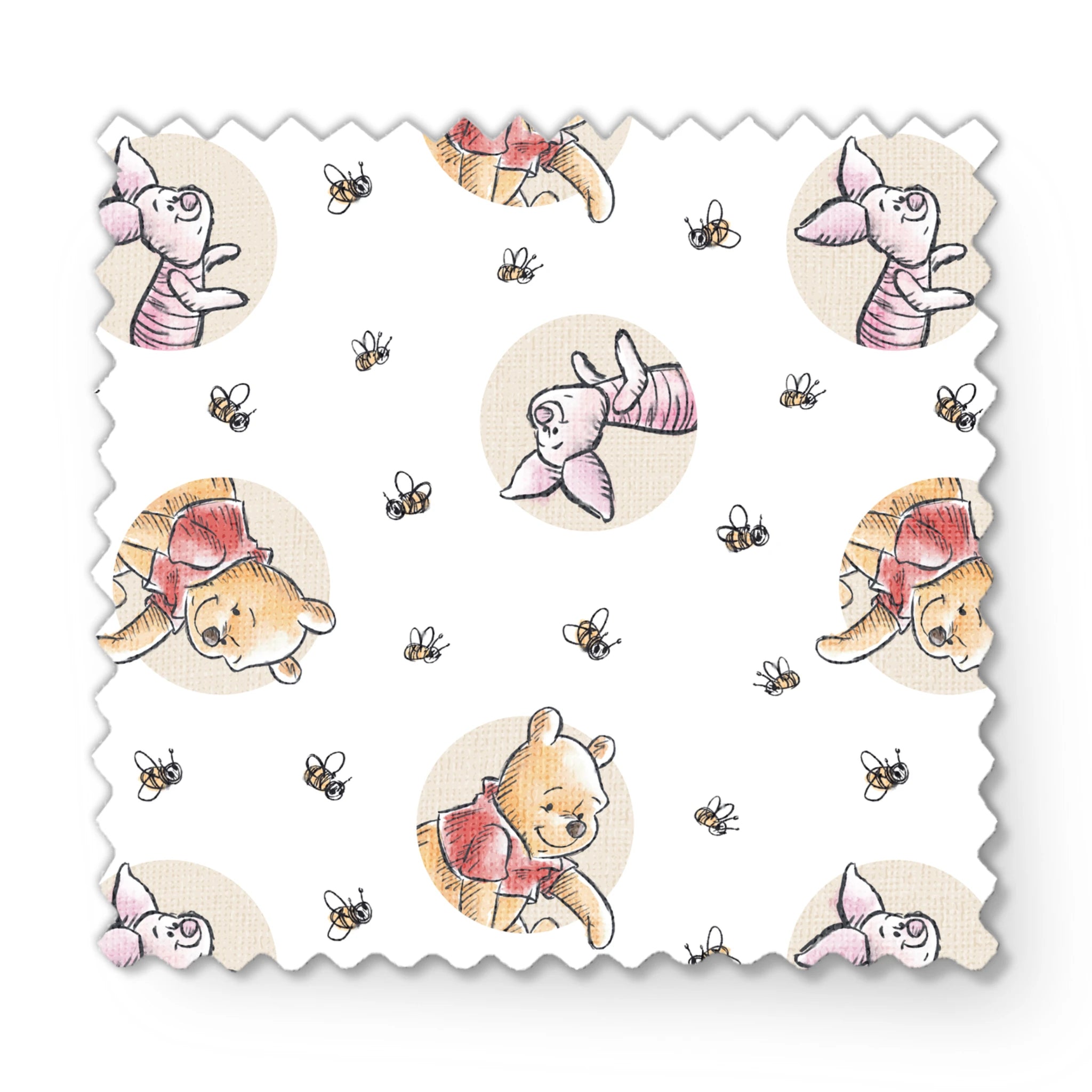 Cute cartoon Winnie the Pooh and Piglet pattern with circular vignettes and buzzing bees fabric swatch mockup