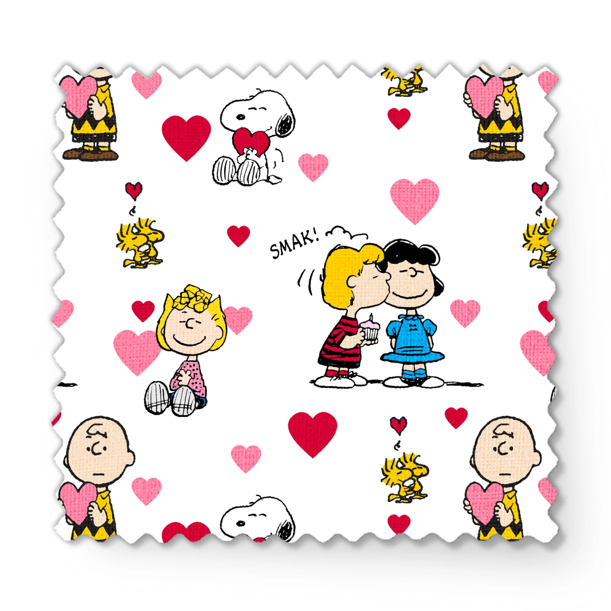 Peanuts cartoon characters with heart motifs, featuring Snoopy, Woodstock, and others in a Valentine's theme fabric swatch mockup
