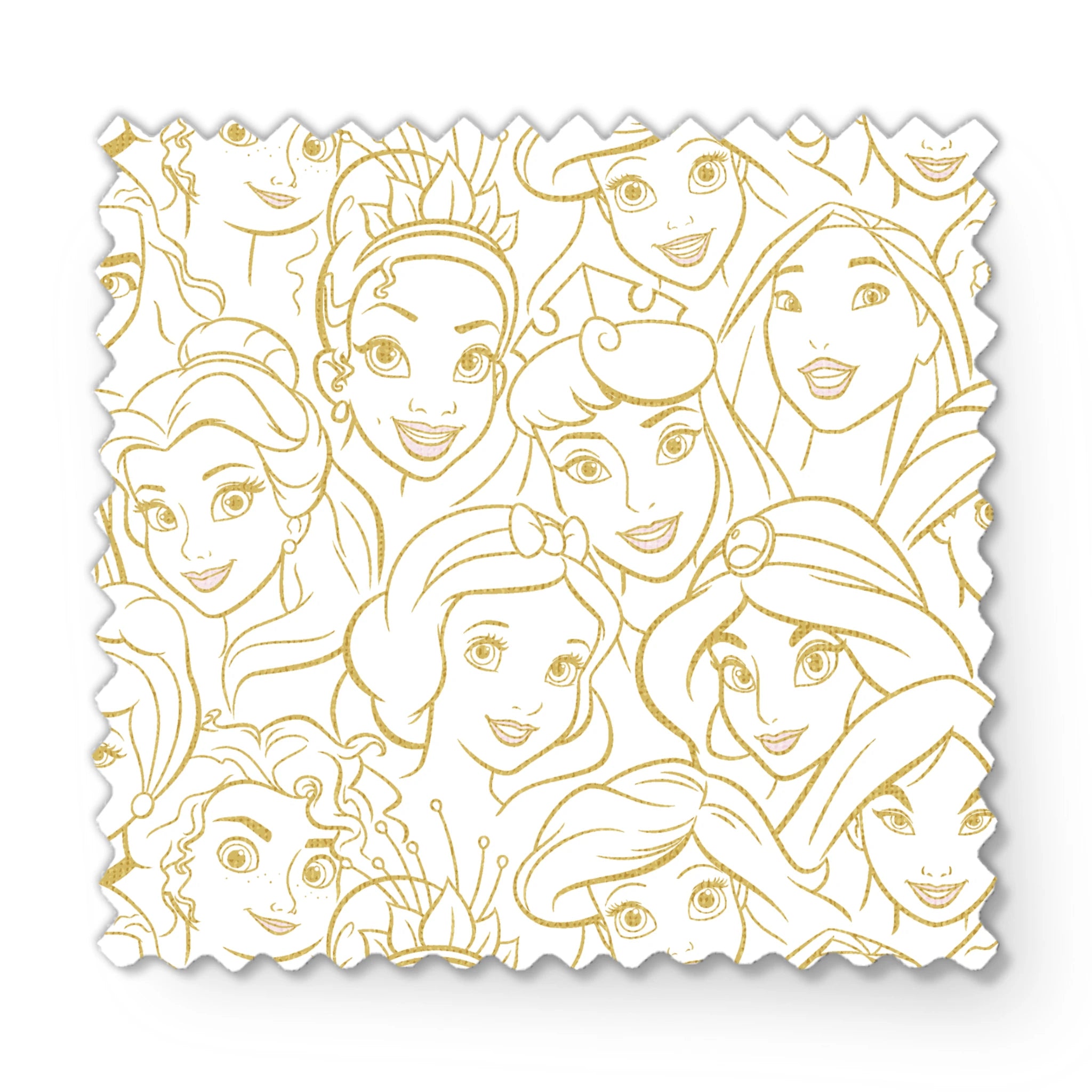 Golden line art of Disney princesses in an overlapping collage pattern with expressive facial features. fabric swatch mockup