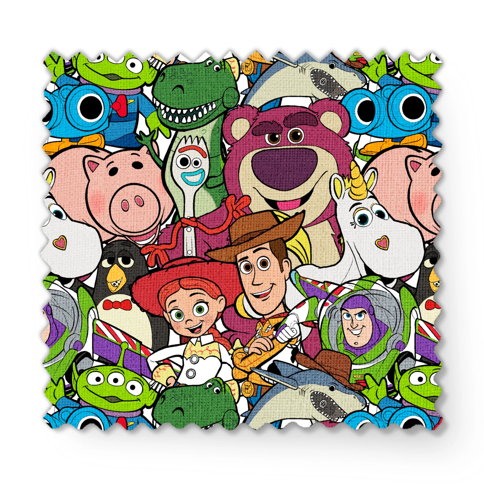 Colorful collage of Pixar and Disney animated characters including Toy Story, Monsters Inc, and other iconic cartoon figures fabric swatch mockup