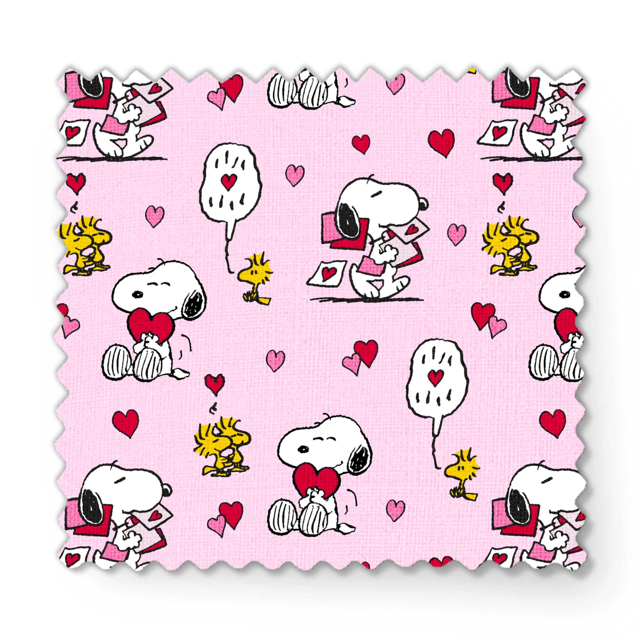 Valentine's pattern with Snoopy, Woodstock, and hearts on pink background, featuring love letters and speech bubbles. fabric swatch mockup