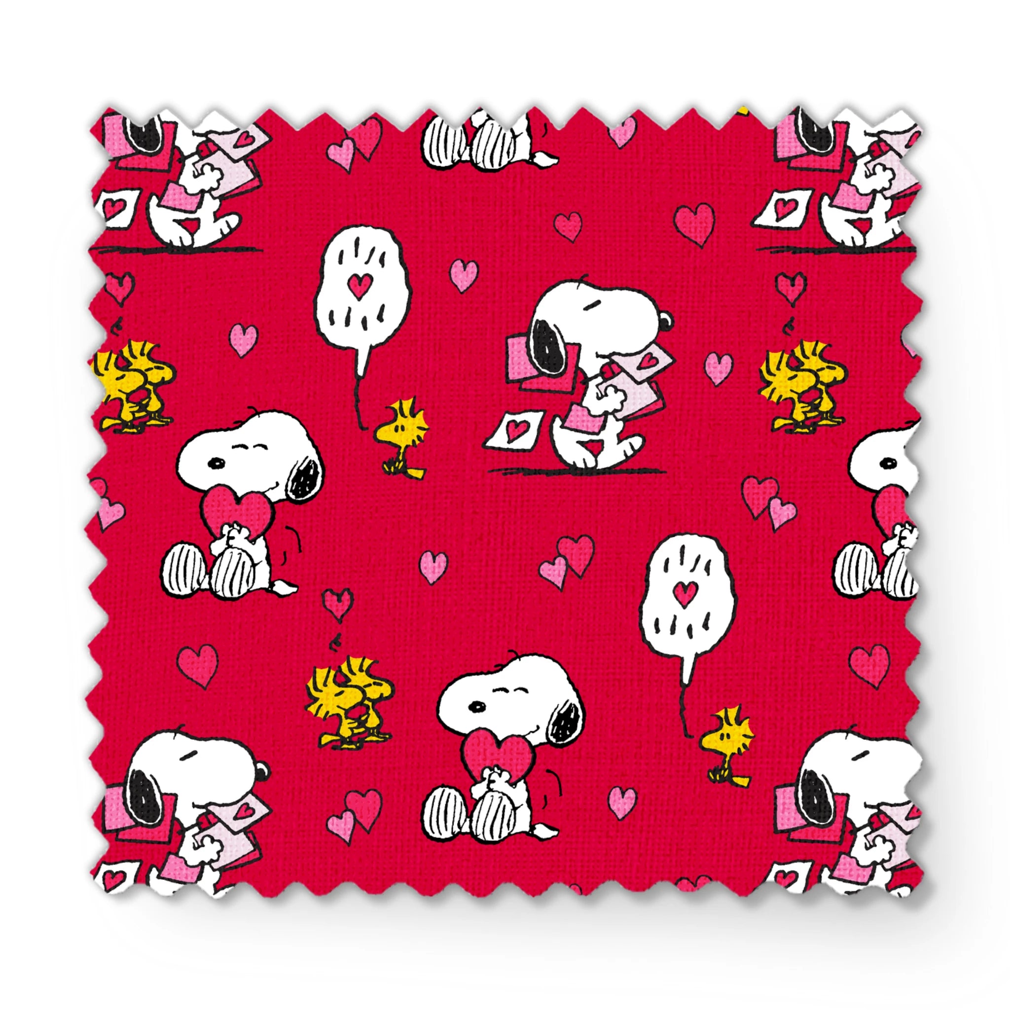 Snoopy and Woodstock pattern with hearts on bright red background, Valentine's theme fabric swatch mockup