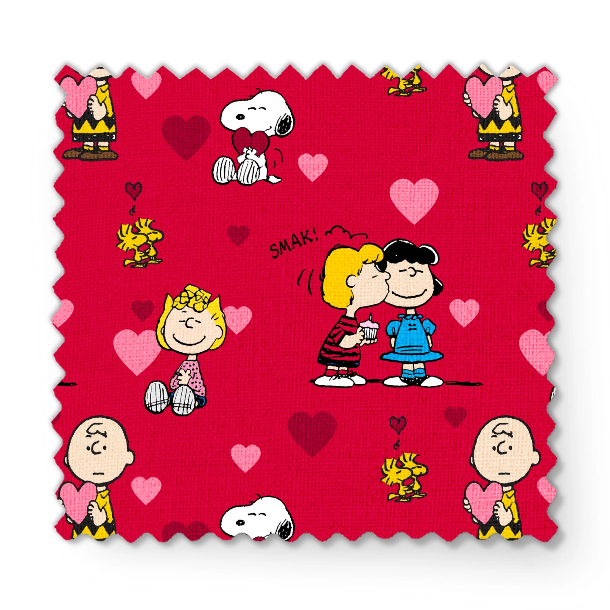 Peanuts characters on red background with hearts; Snoopy, Woodstock, and others in Valentine's theme fabric swatch mockup