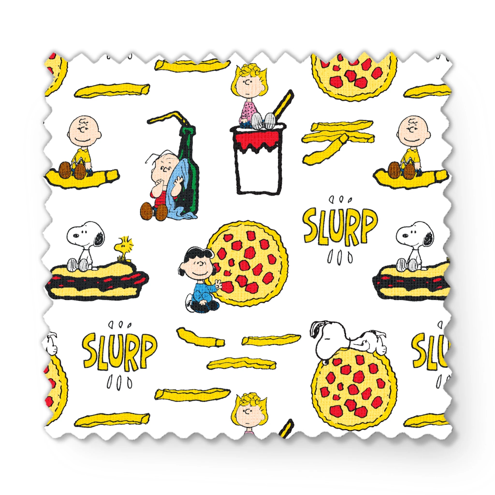 Peanuts cartoon characters with pizza, hot dogs, and "SLURP" text in a repeating pattern fabric swatch mockup