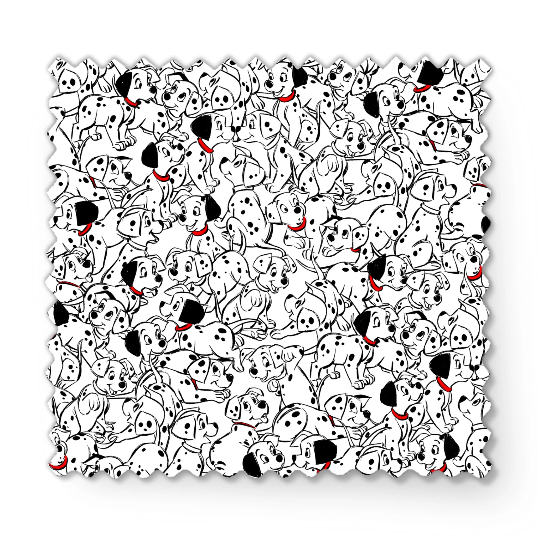A densely packed pattern of Dalmatian puppies with black spots and red collars, creating a whimsical black and white illustration. fabric swatch mockup