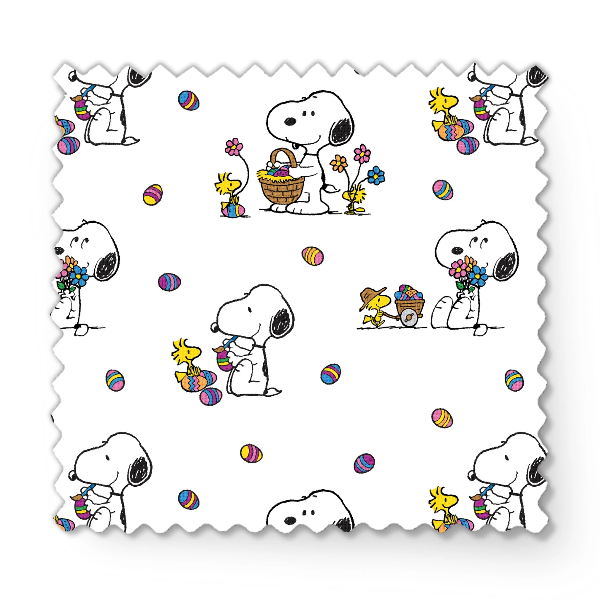 Cartoon pattern with Snoopy and Woodstock celebrating Easter with colorful eggs and baskets on white background fabric swatch mockup