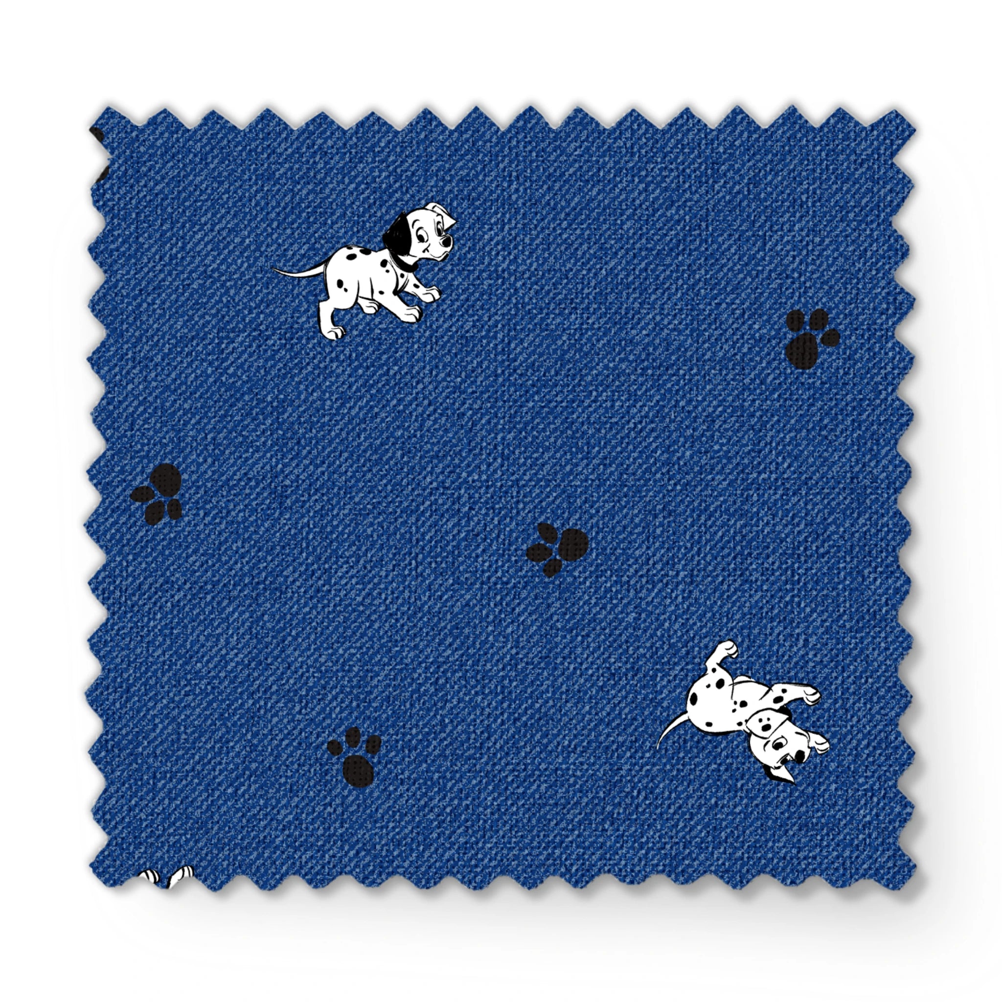Blue background with small white cartoon-style space astronauts and black paw prints scattered across the pattern fabric swatch mockup