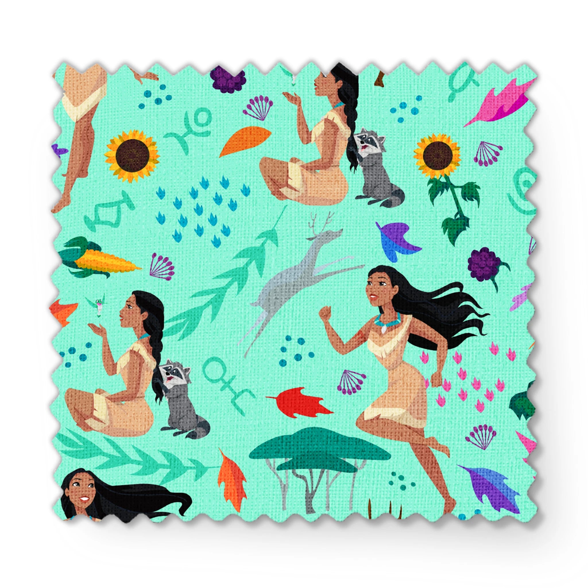Colorful pattern with figures in nature motifs featuring sunflowers, leaves, and flowing design elements on turquoise background fabric swatch mockup