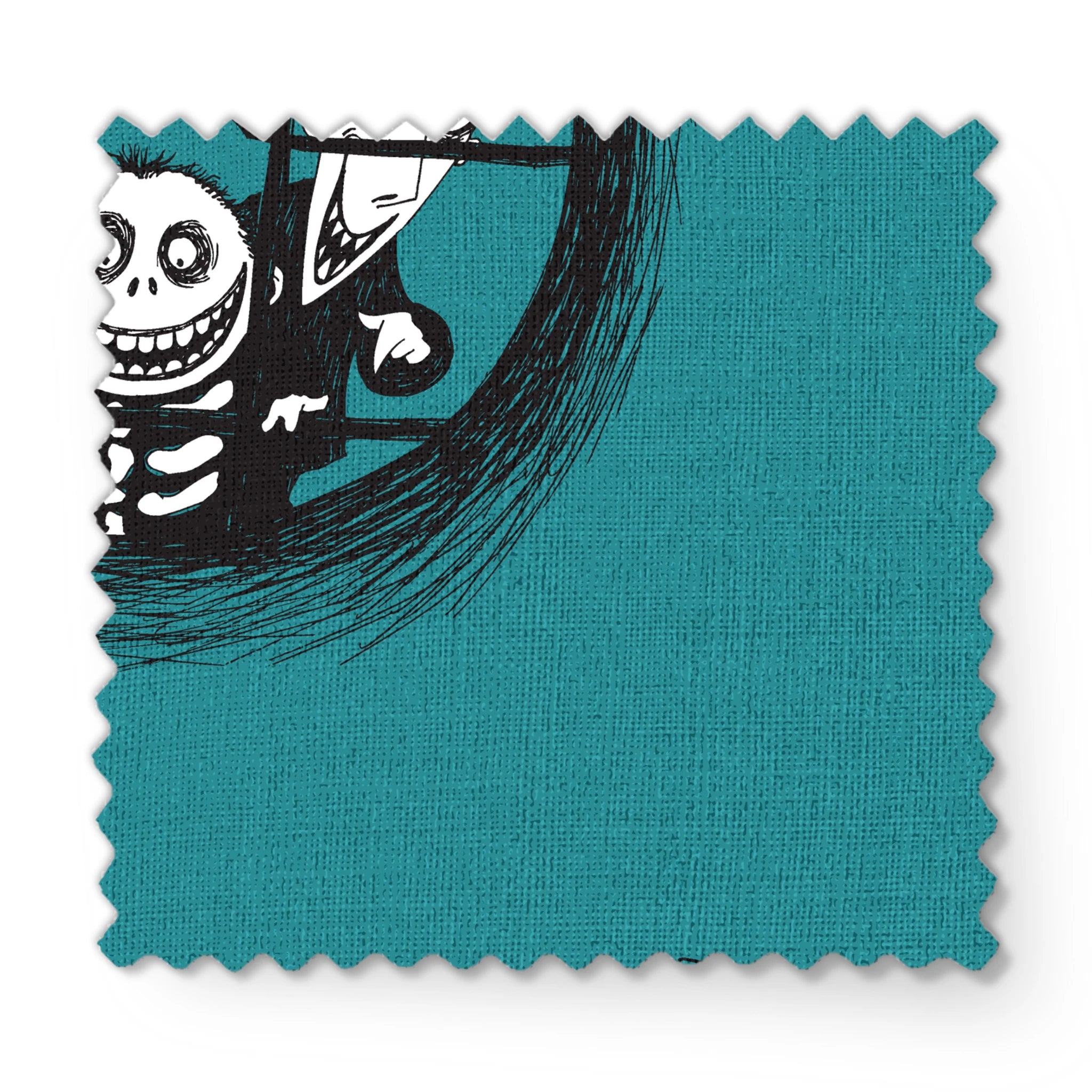 Teal patterned design with The Nightmare Before Christmas characters in circular frames, featuring round-headed characters in formal attire. fabric swatch mockup
