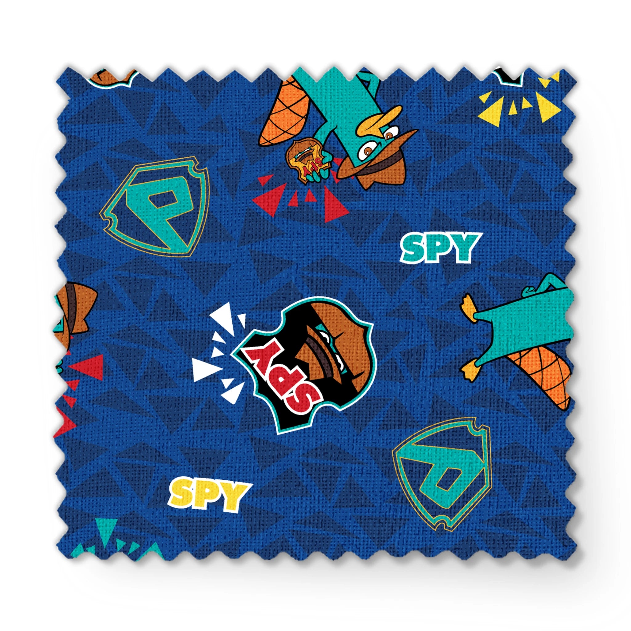 Colorful Perry the Platypus pattern with "SPY" text on blue geometric background fabric swatch mockup