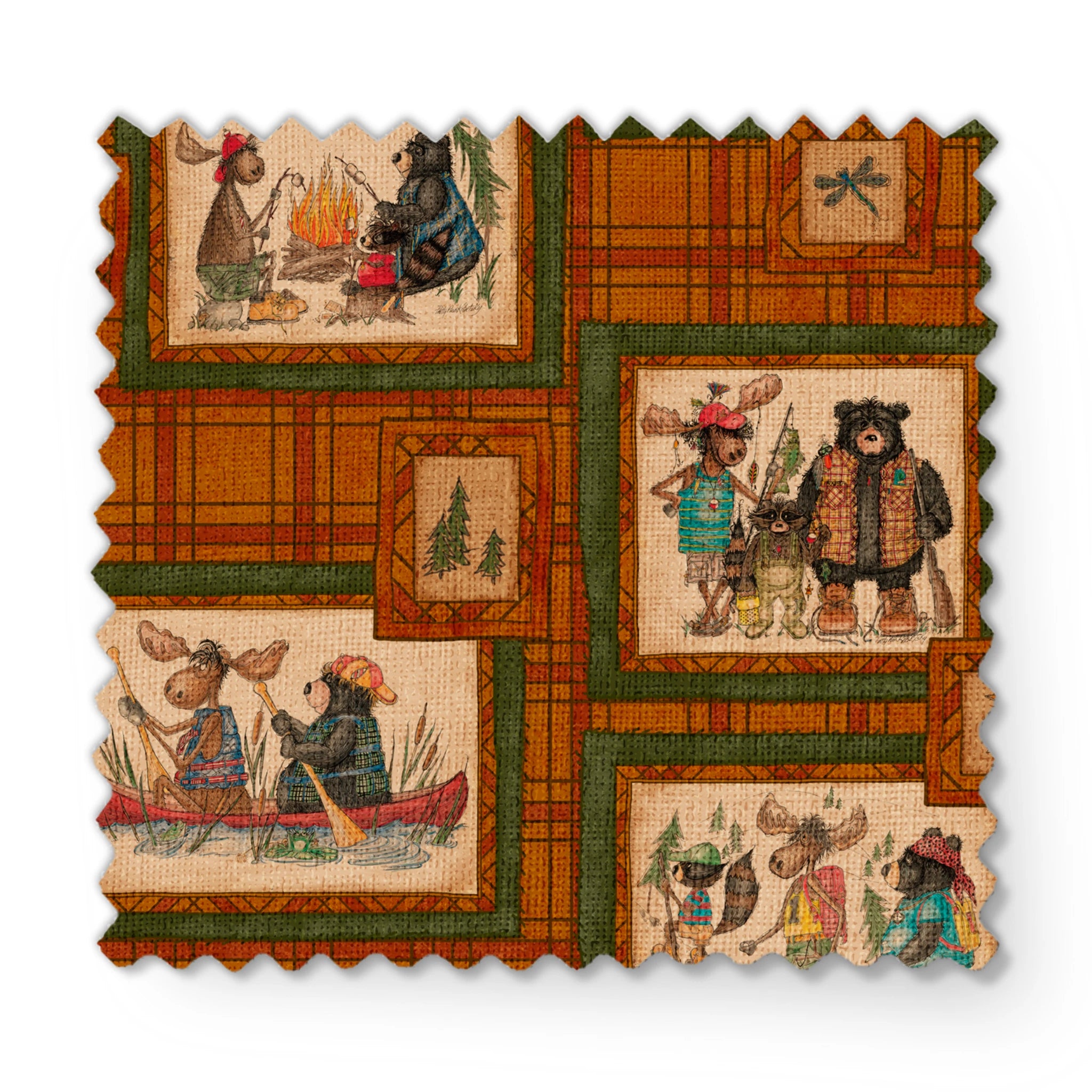 Vintage-style patchwork pattern with framed scenes of people and animals on orange plaid background fabric swatch mockup