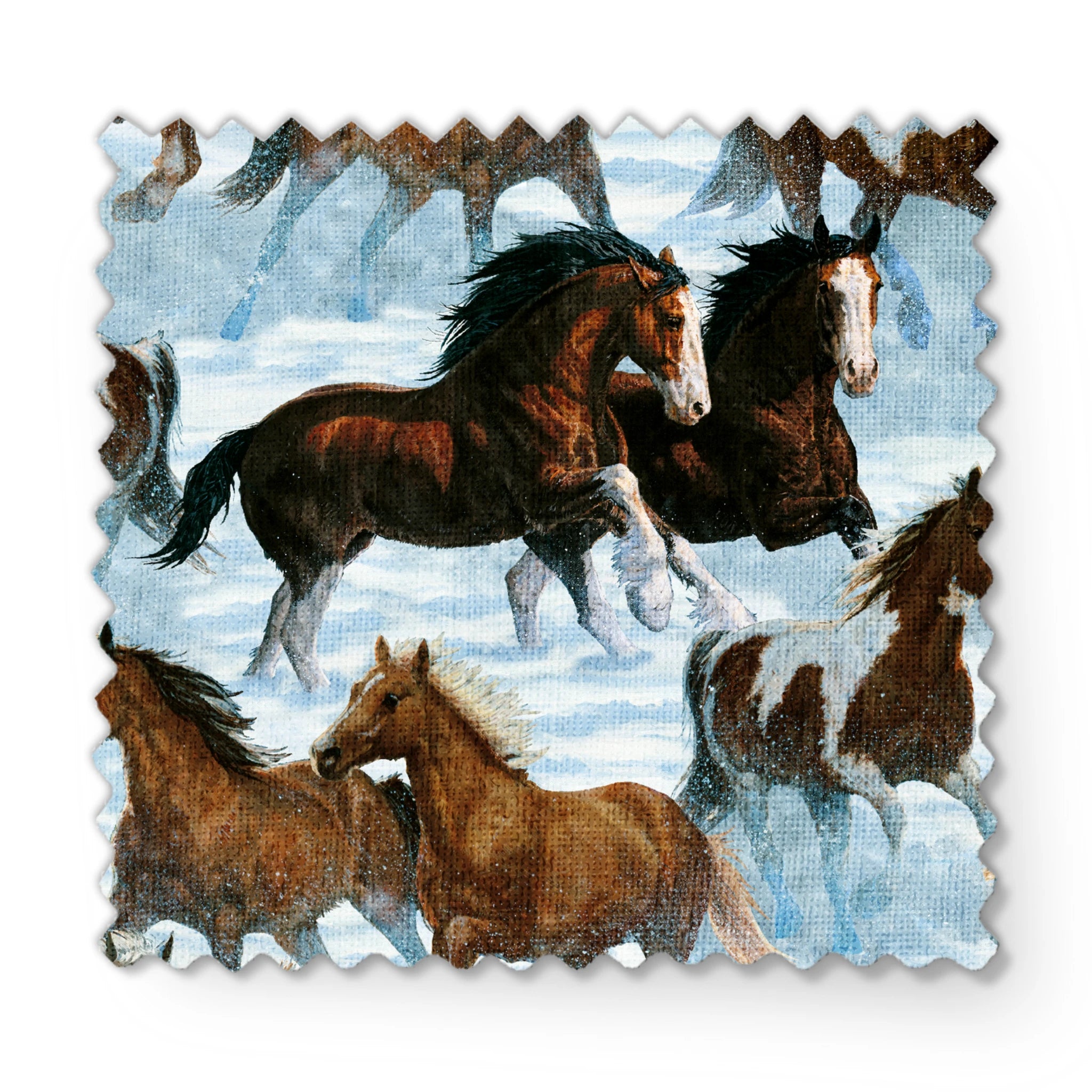 Wild horses running through snowy landscape in various brown, black and gray colors fabric swatch mockup
