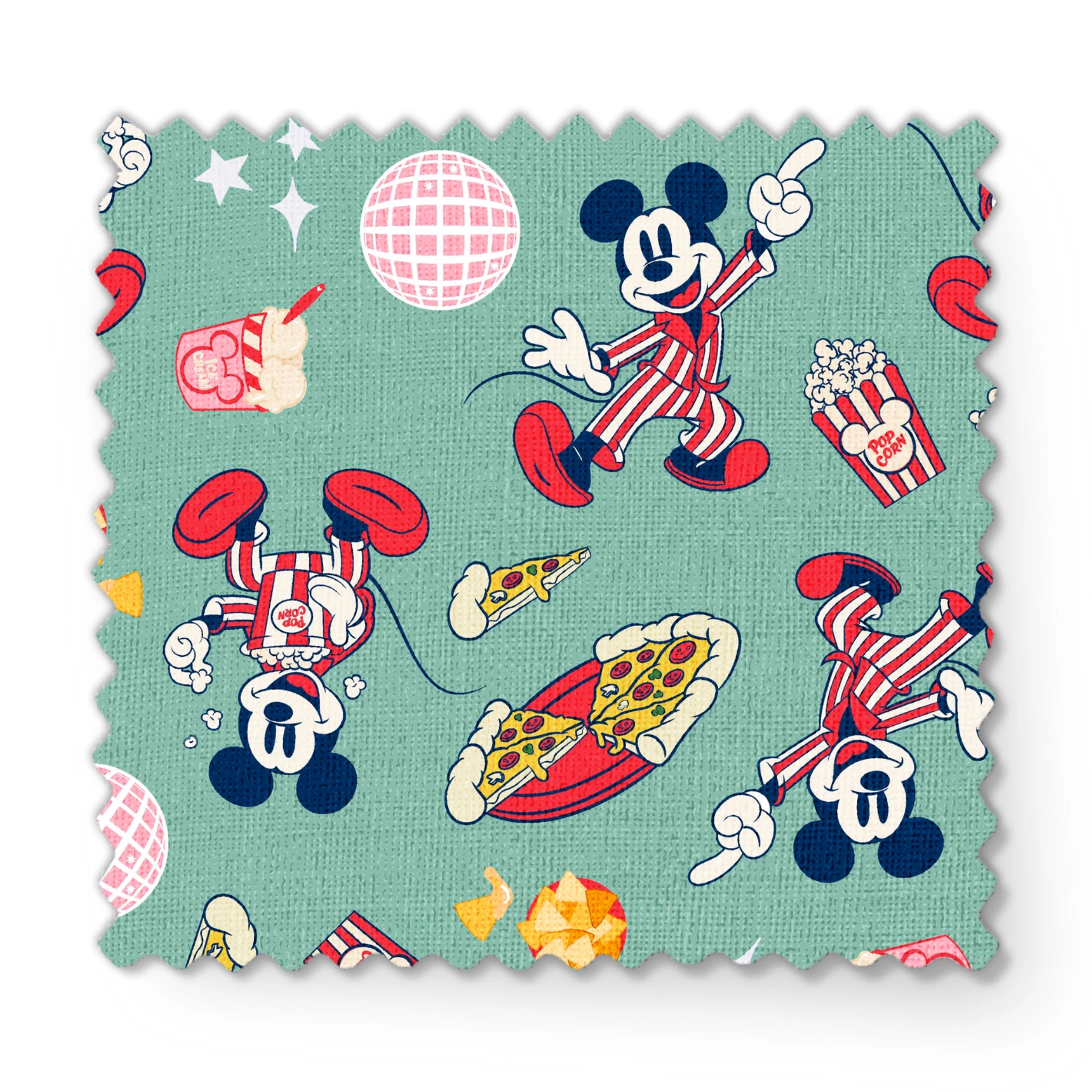 Mickey Mouse in red striped outfits with disco balls, pizza, popcorn, and snacks on mint green background. fabric swatch mockup