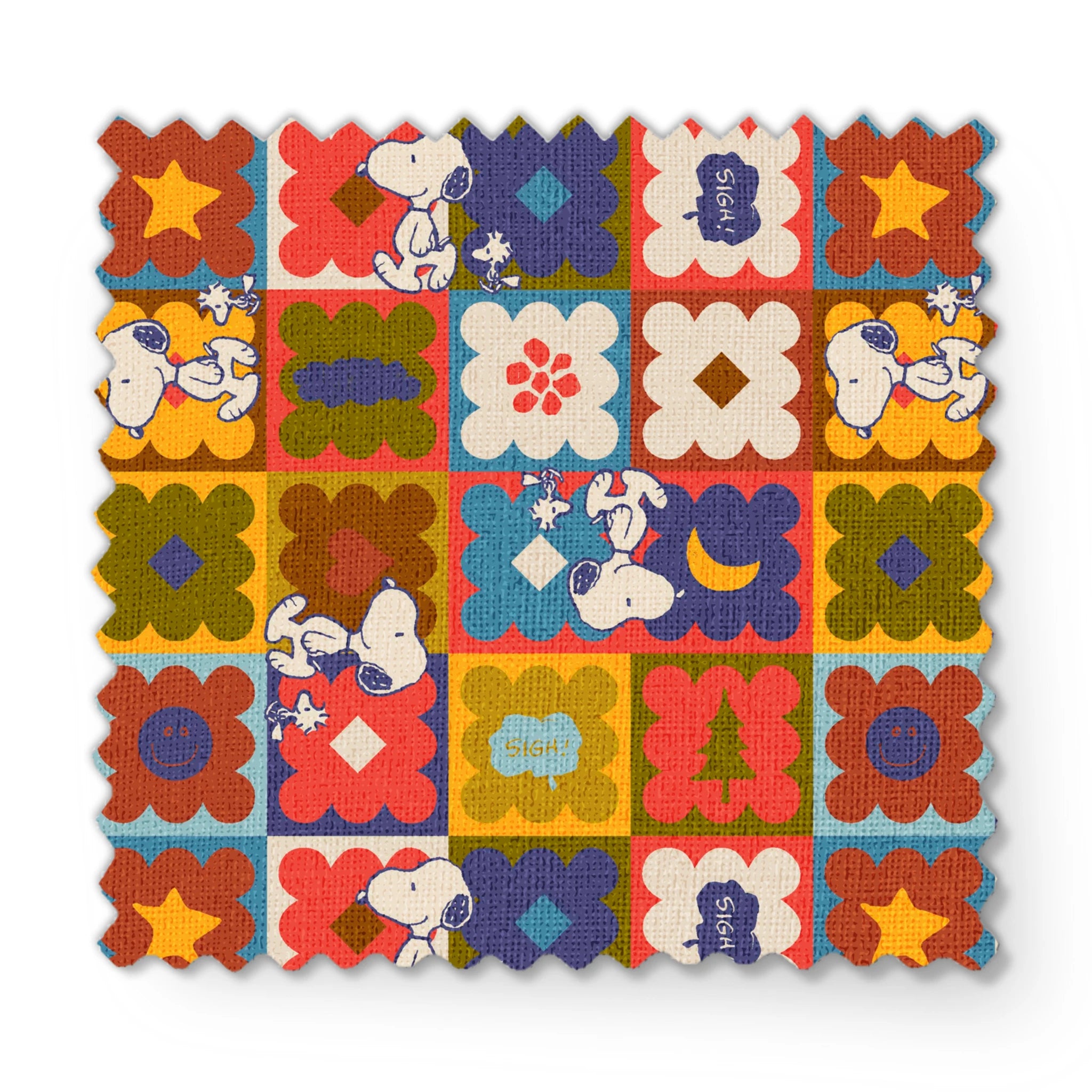 Colorful patchwork pattern featuring Snoopy characters in various squares with flowers, geometric shapes, and decorative elements fabric swatch mockup